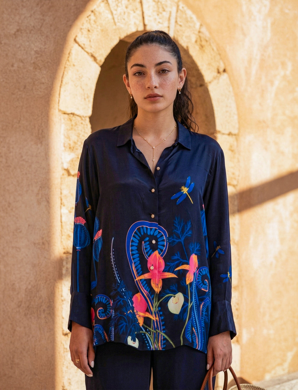 Navy Blue Printed Satin Co-ord Set