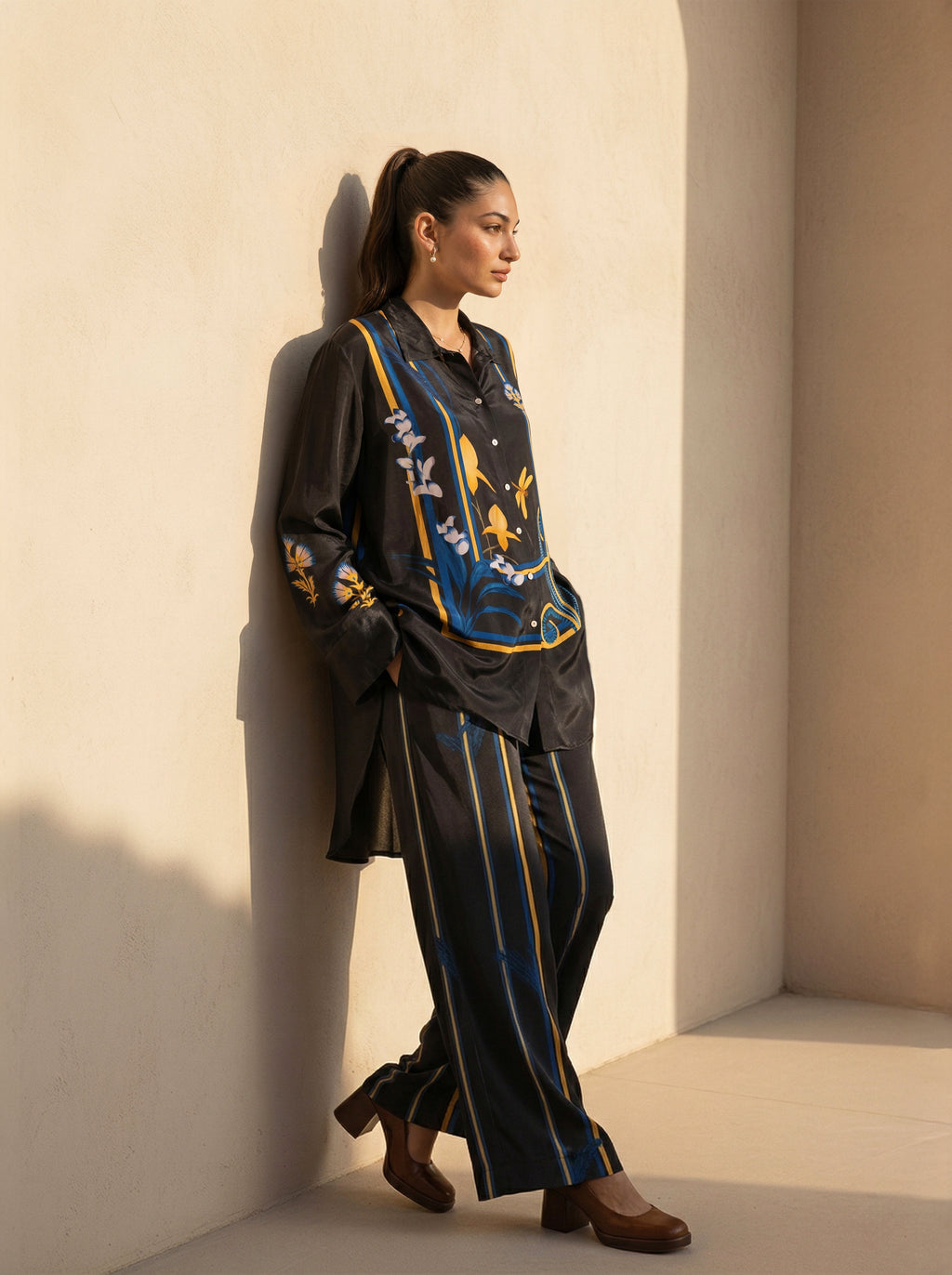 Black Printed Satin Co-ord Set with Striped Pants