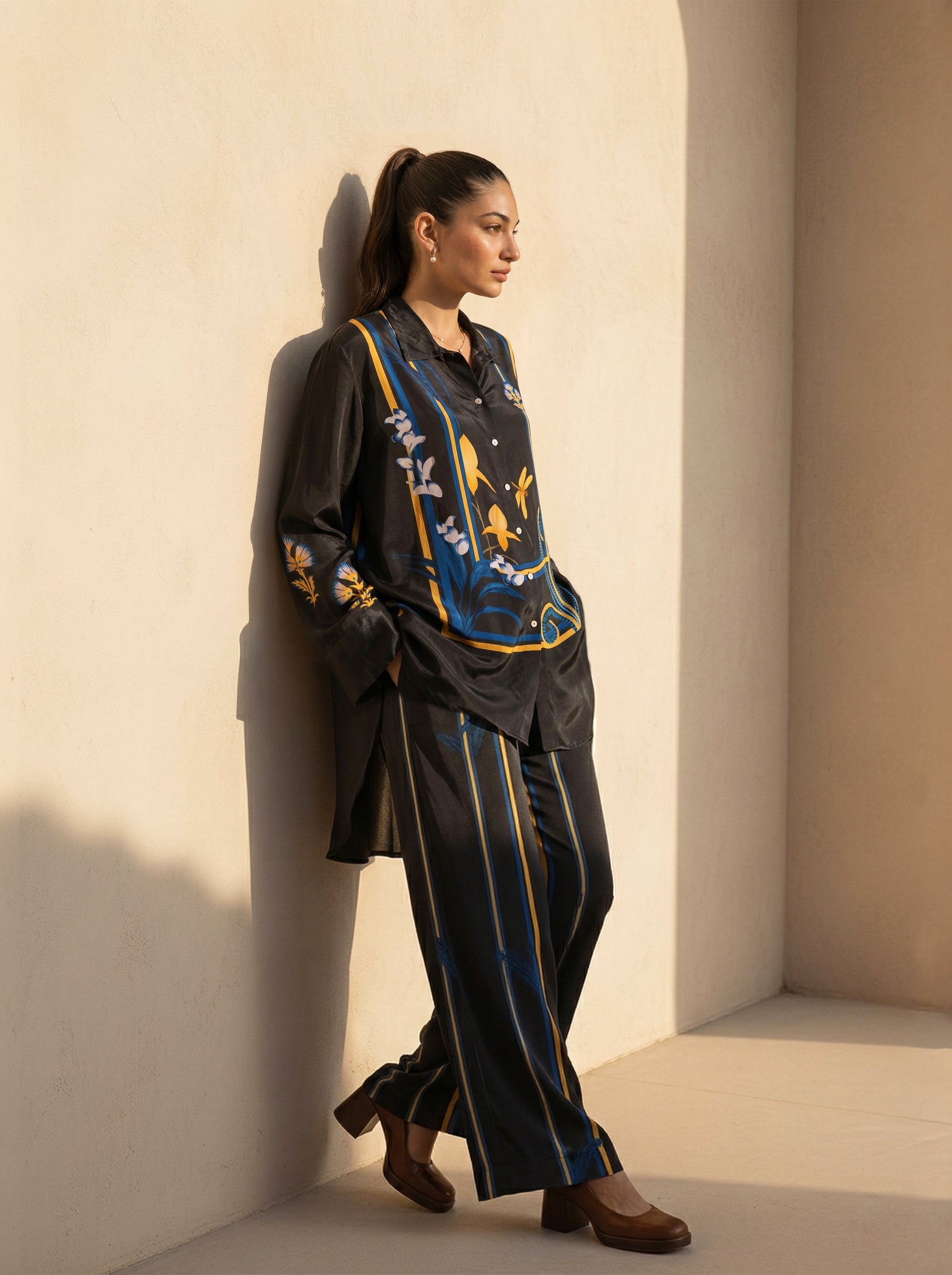 Black Printed Satin Co-ord Set with Striped Pants