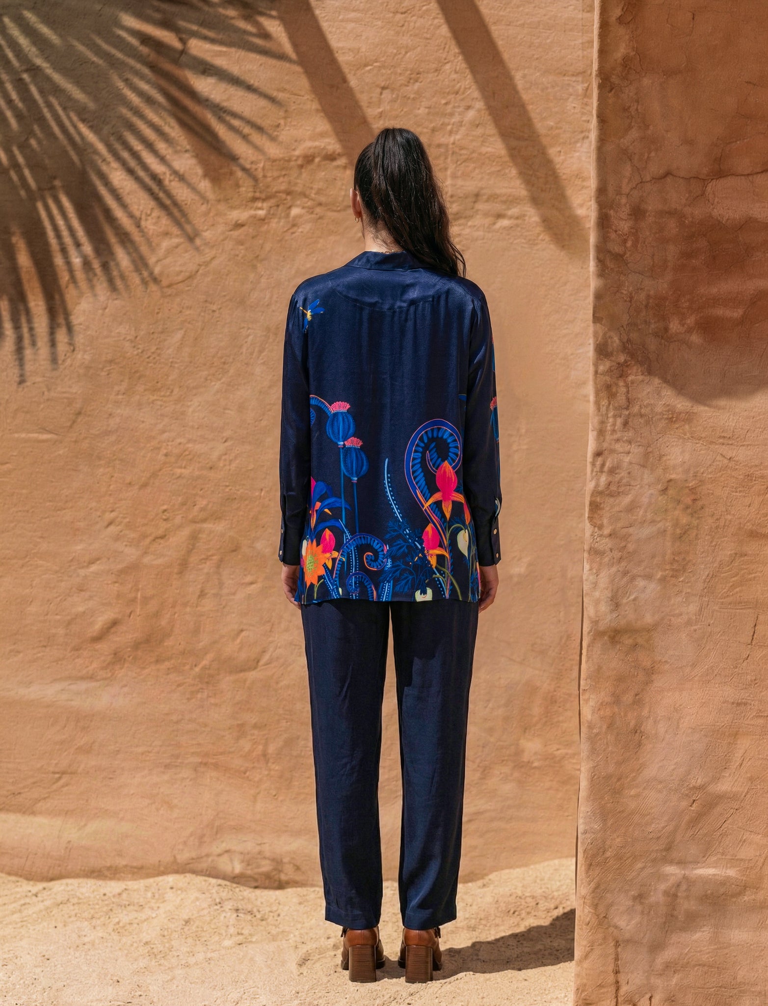 Navy Blue Printed Satin Co-ord Set