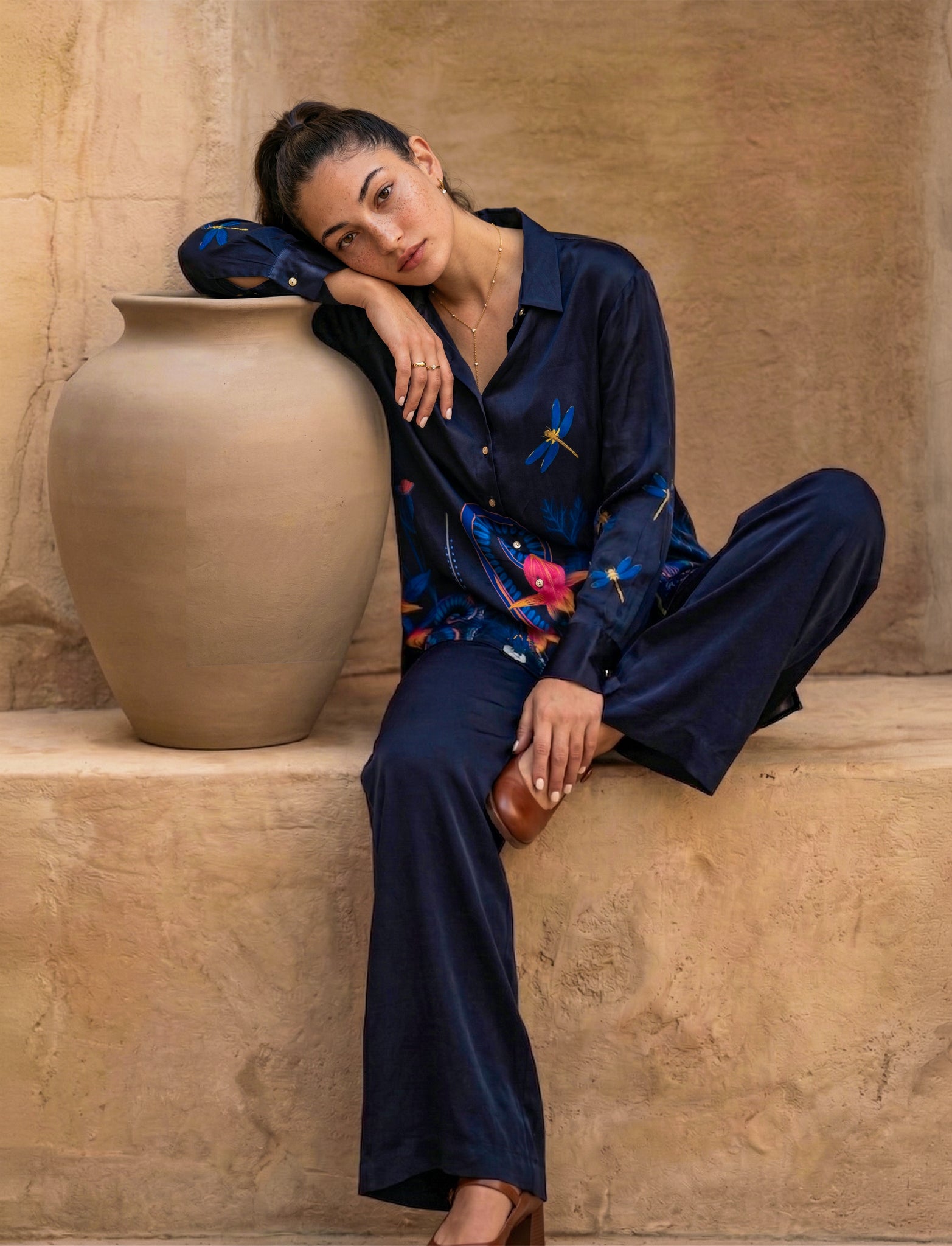 Navy Blue Printed Satin Co-ord Set