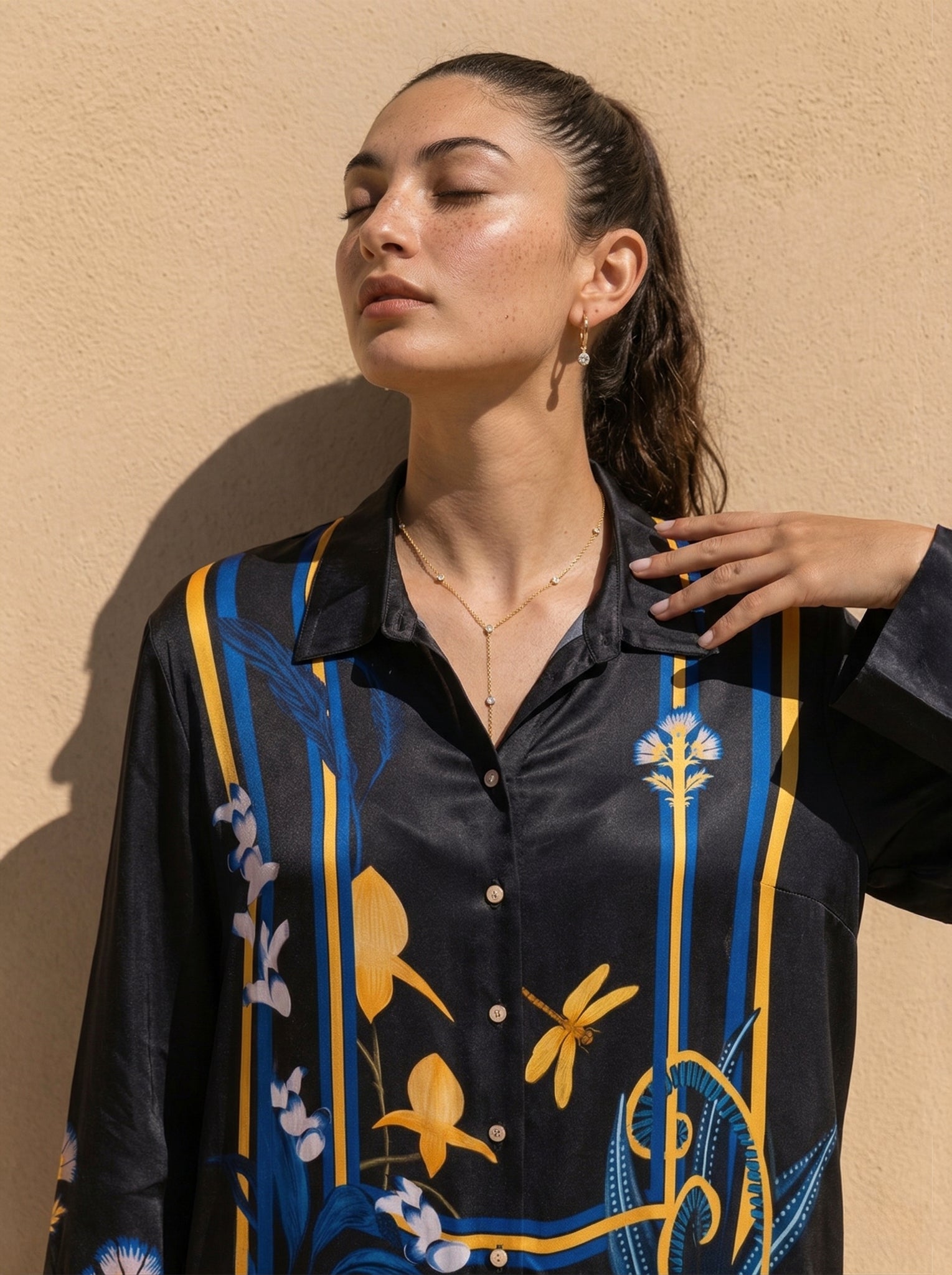 Black Printed Satin Co-ord Set with Striped Pants