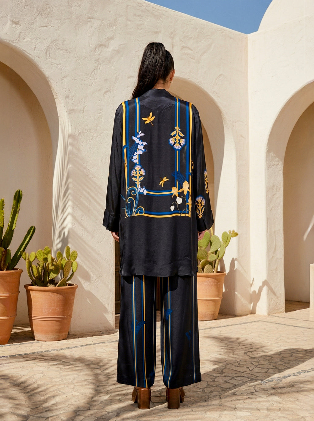 Black Printed Satin Co-ord Set with Striped Pants