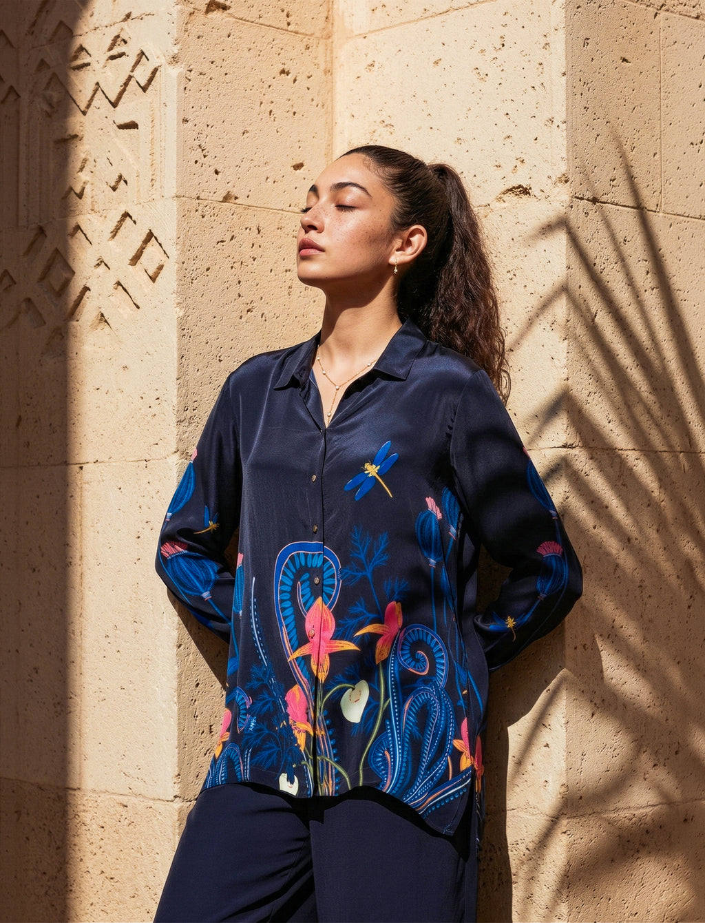 Navy Blue Printed Satin Co-ord Set