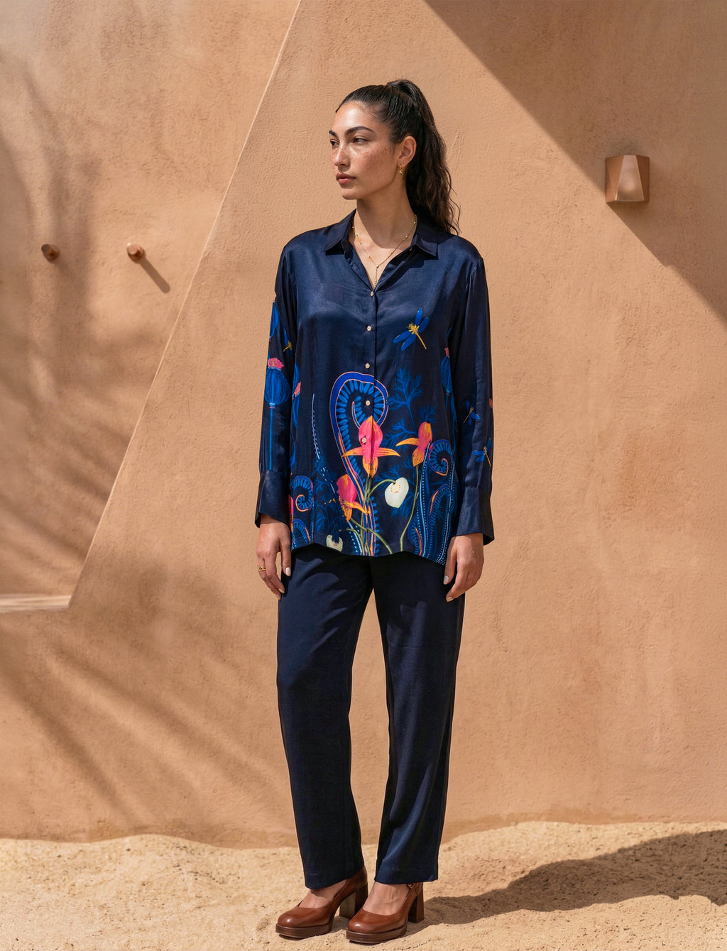 Navy Blue Printed Satin Co-ord Set