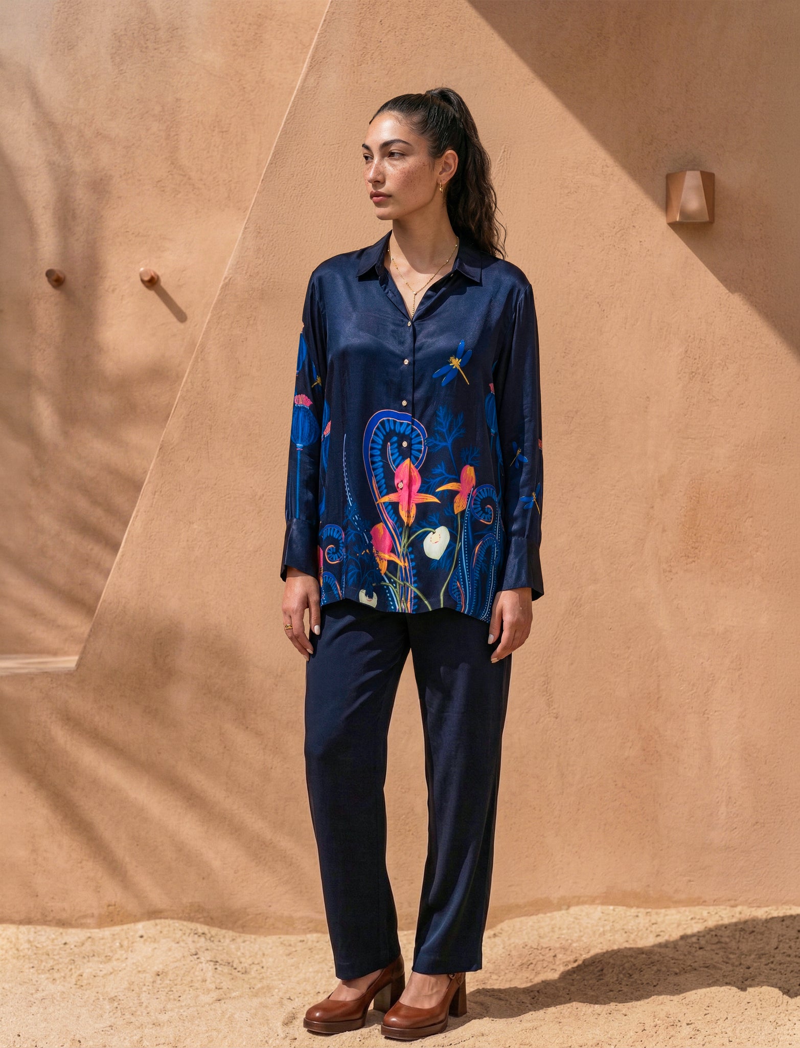 Navy Blue Printed Satin Co-ord Set