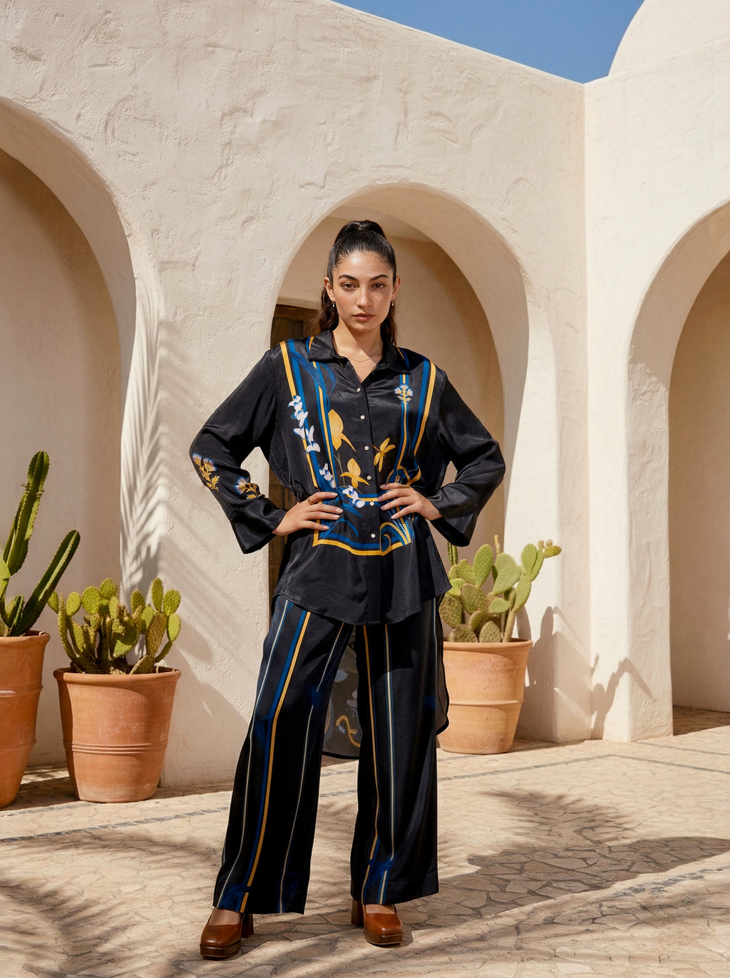 Black Printed Satin Co-ord Set with Striped Pants