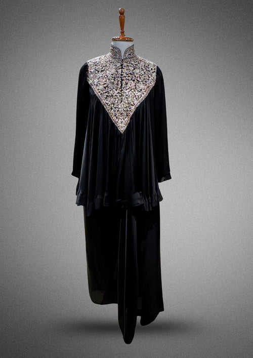 Black Embroidered Satin Crepe Set
