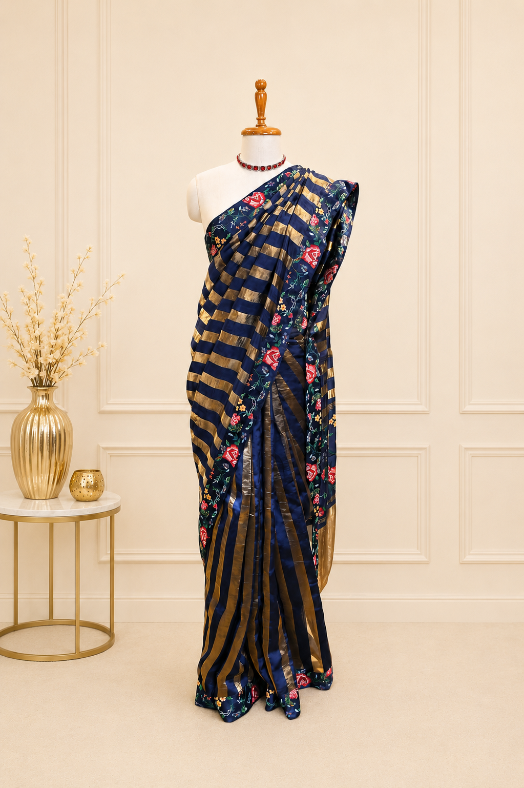 Navy Blue Pure Silk Saree with Convent Work Blouse