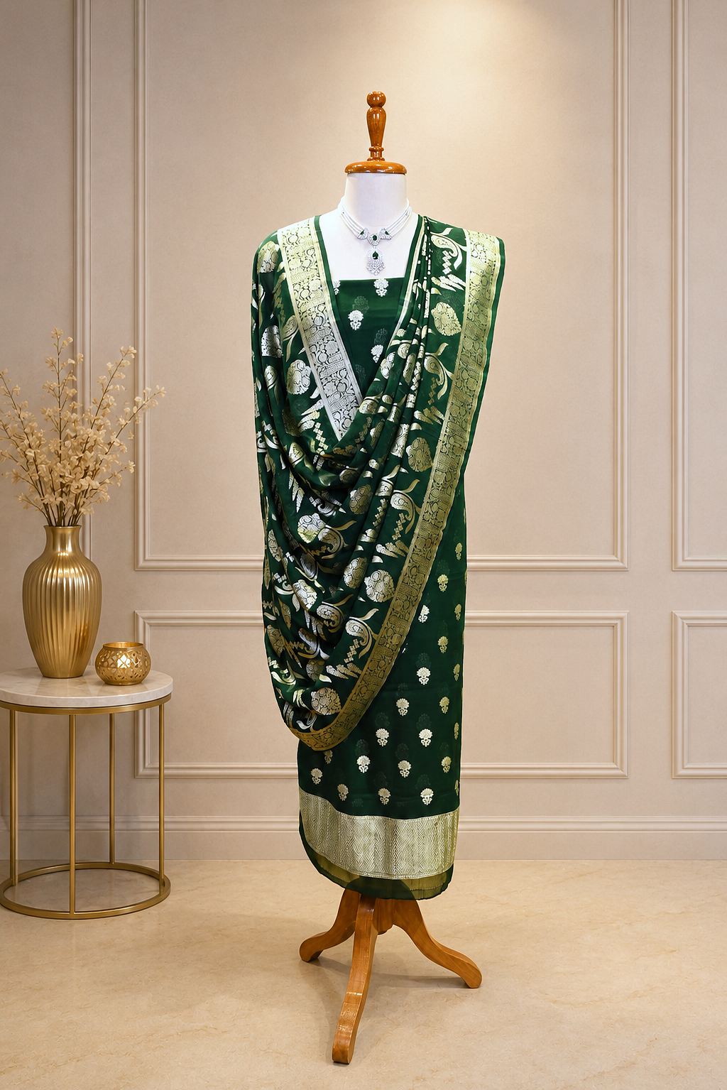 Forest Green Handwoven Banarasi Khaddi Georgette Suit Set