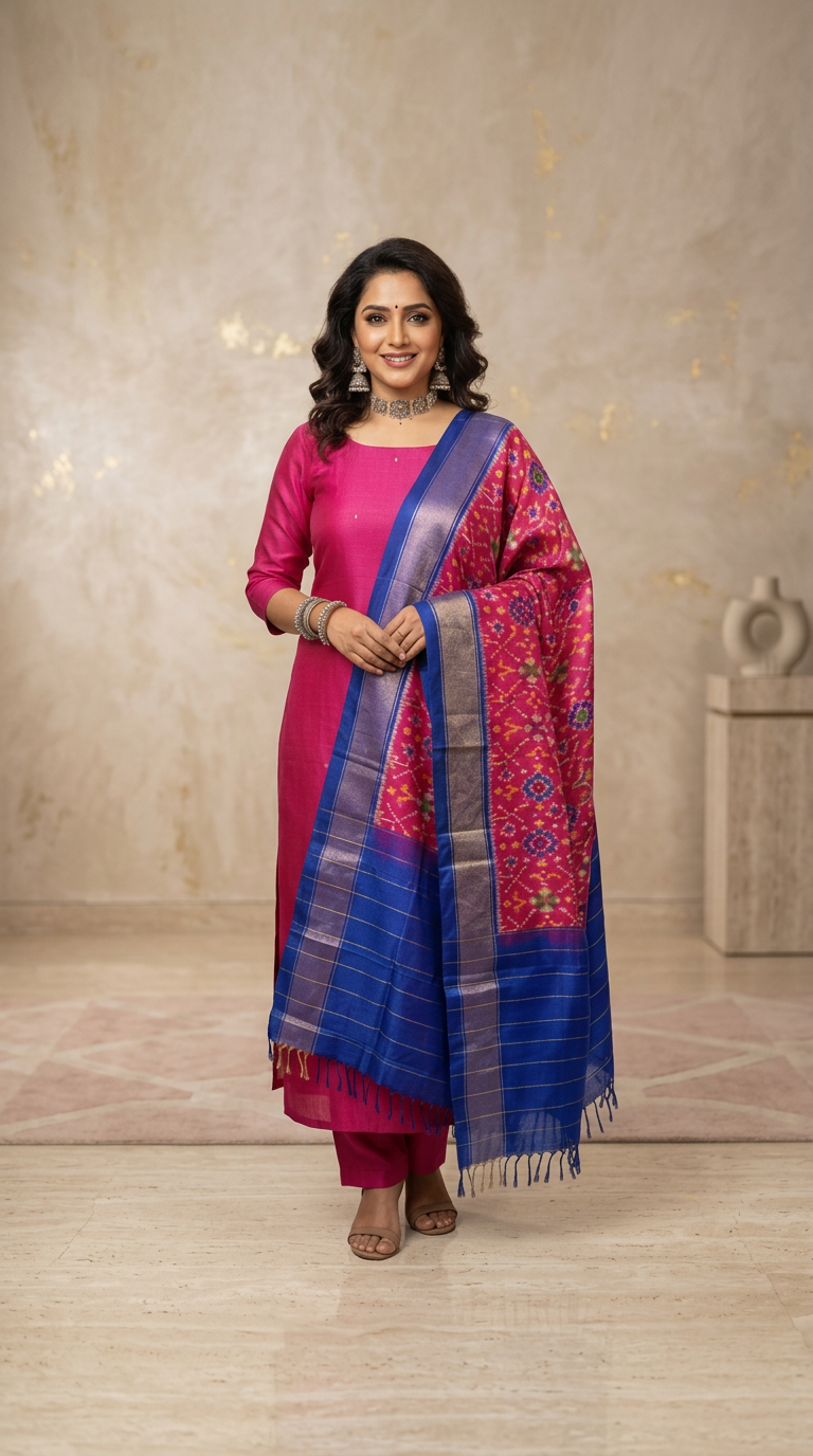 Magenta Silk Blend Kurta Set with Contrast Woven Dupatta