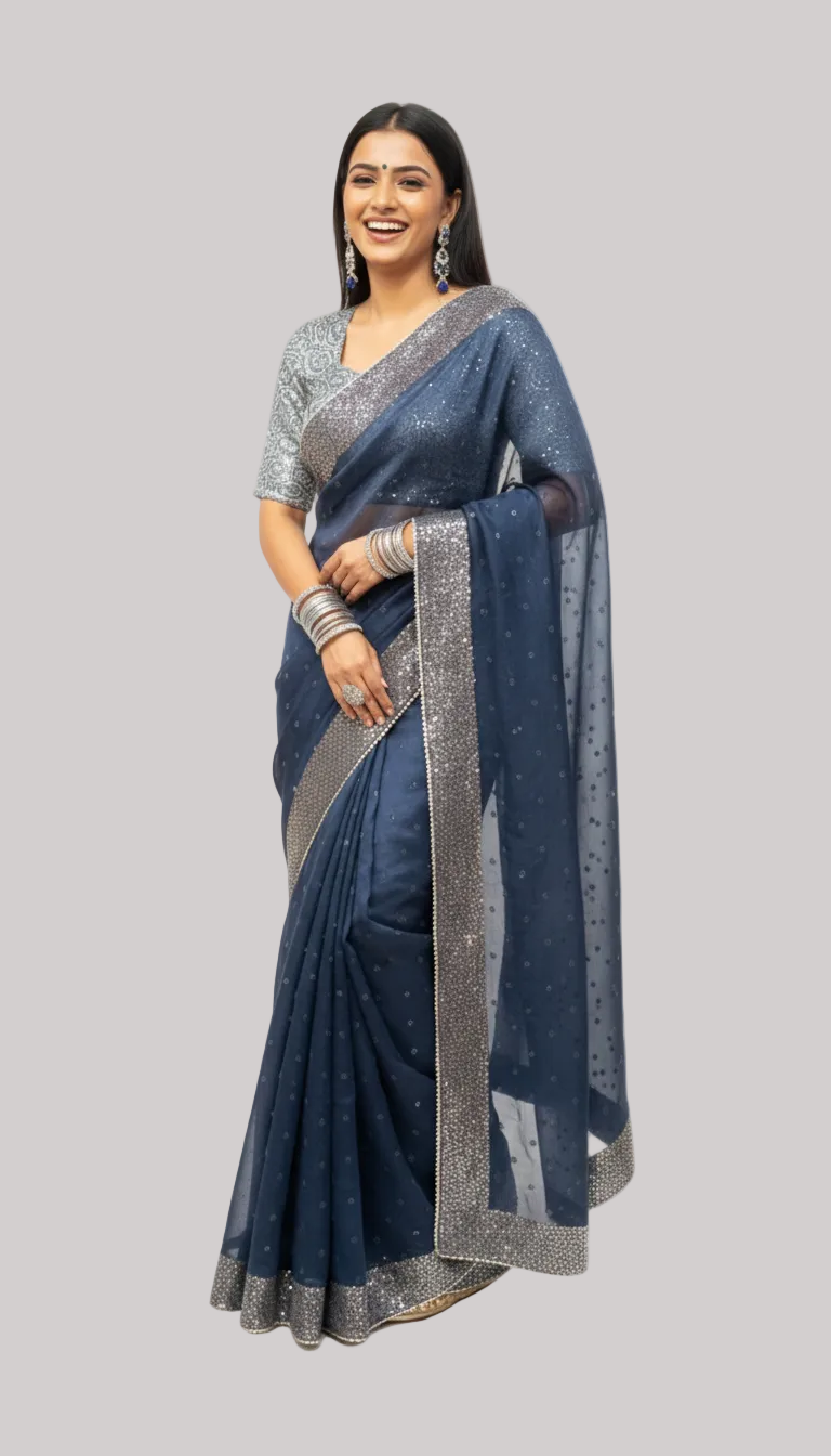 Midnight Blue Silk Saree with Shimmering Woven Details