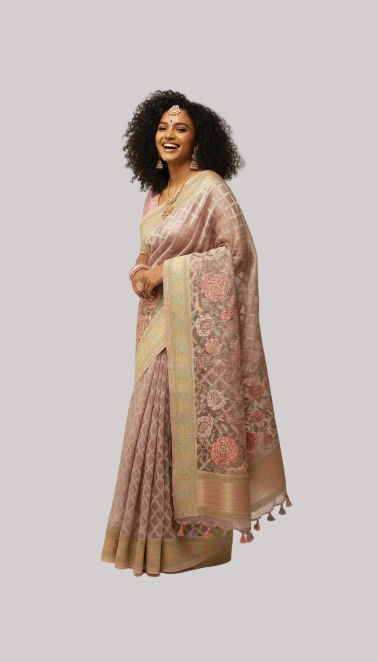 Dusty Rose Silk Saree with Floral and Geometric Woven Design