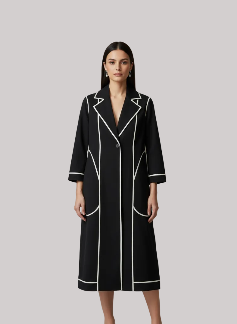 Black Tailored Longline Jacket Dress with Contrast Piping