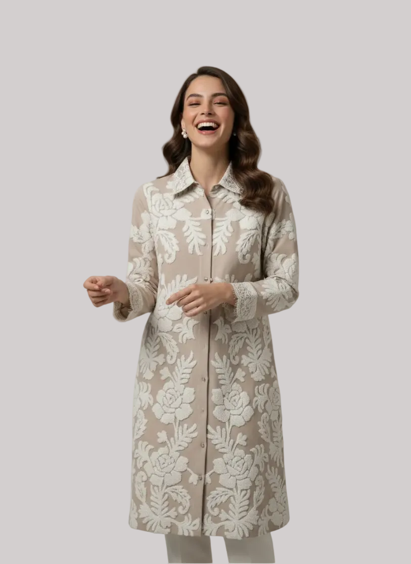 Beige Floral Embroidered Shirt Dress