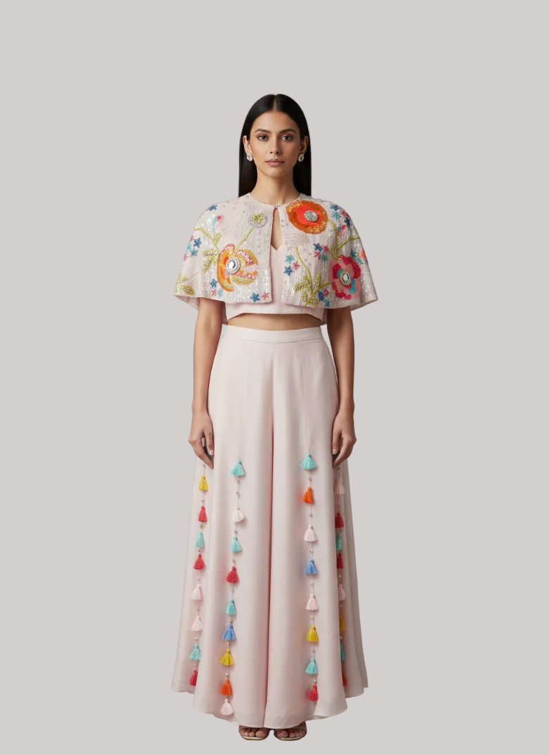 Blush Pink Crop Top, Skirt &amp; Embroidered Cape Set