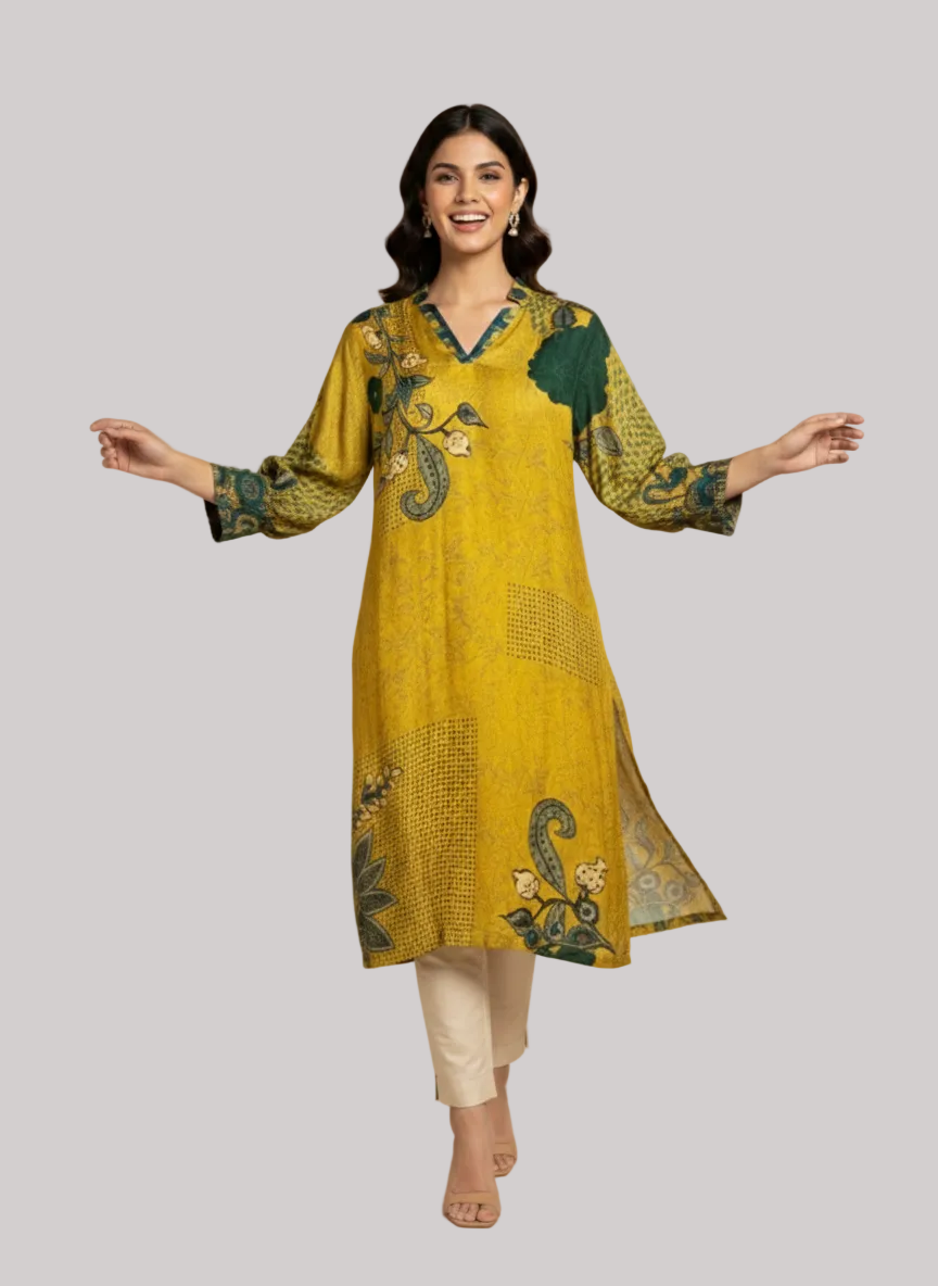 Mustard Printed Straight Kurta
