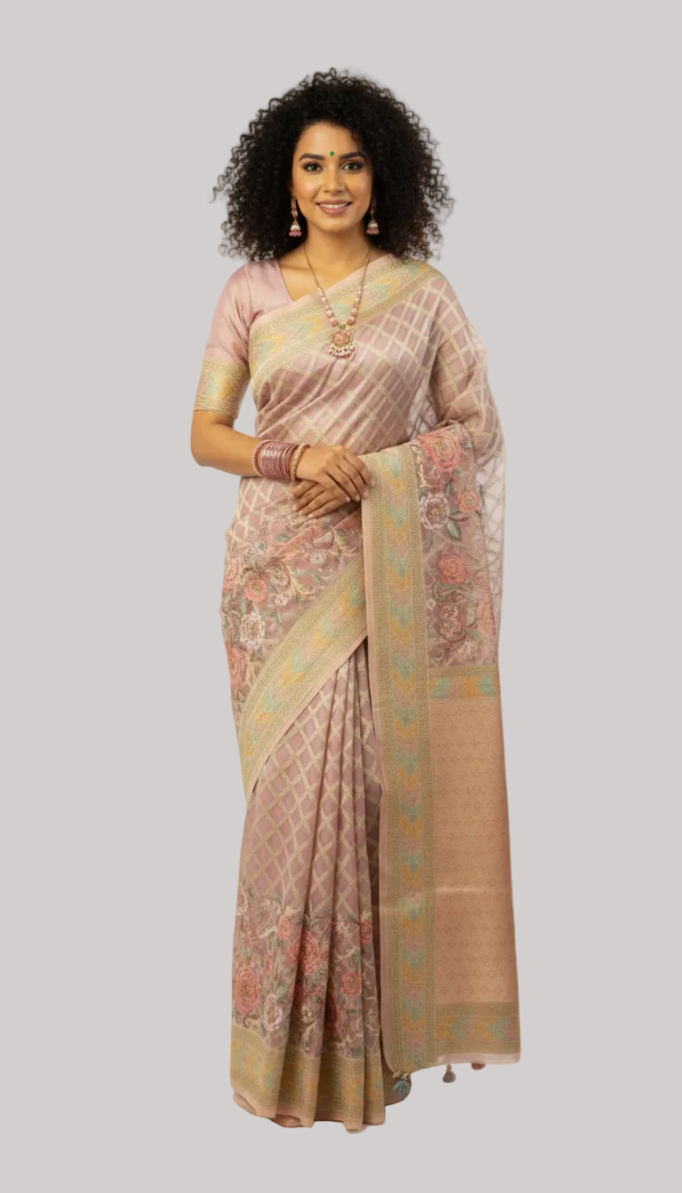 Dusty Rose Silk Saree with Floral and Geometric Woven Design