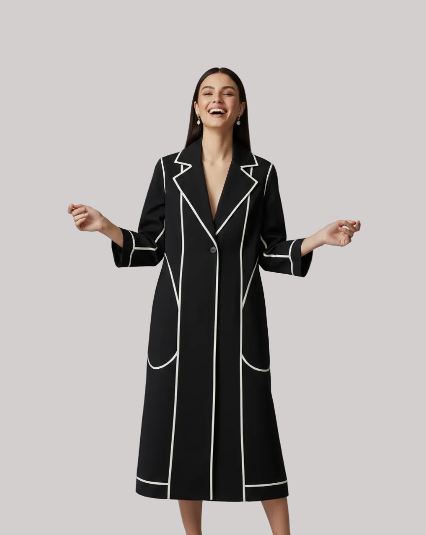 Black Tailored Longline Jacket Dress with Contrast Piping