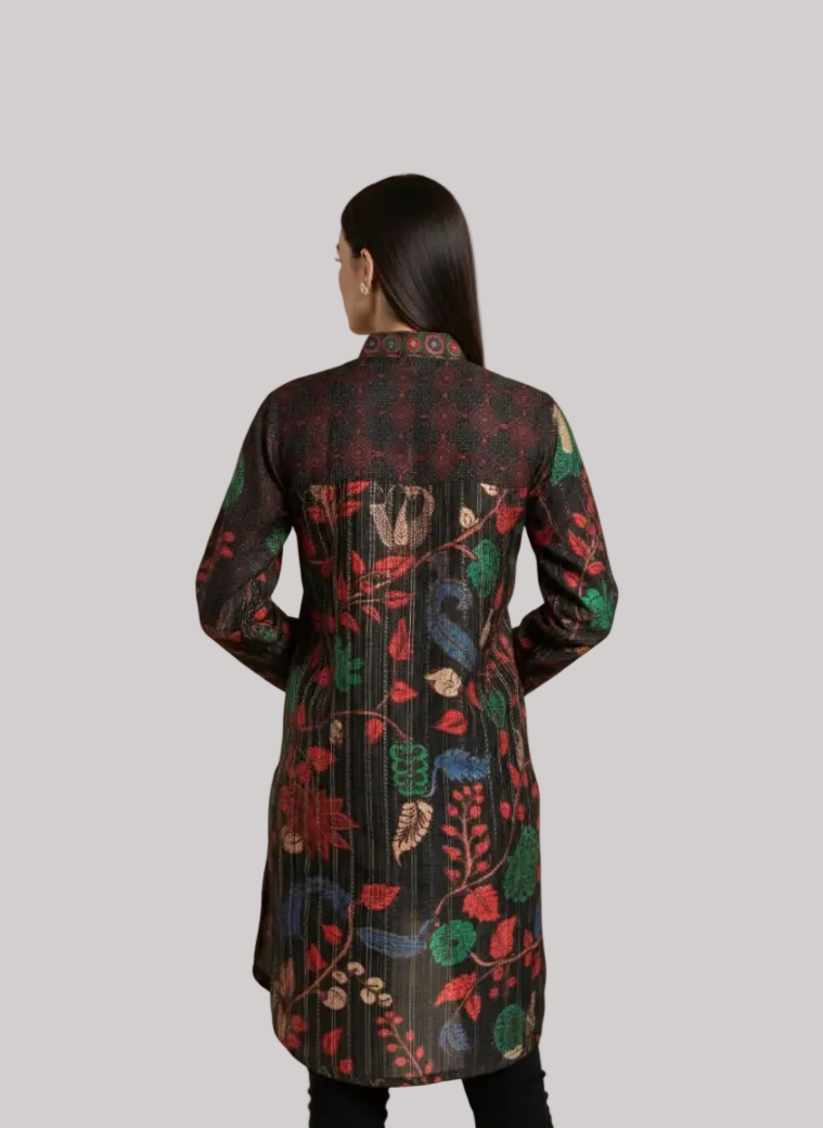 Black Floral Printed High-Low Tunic