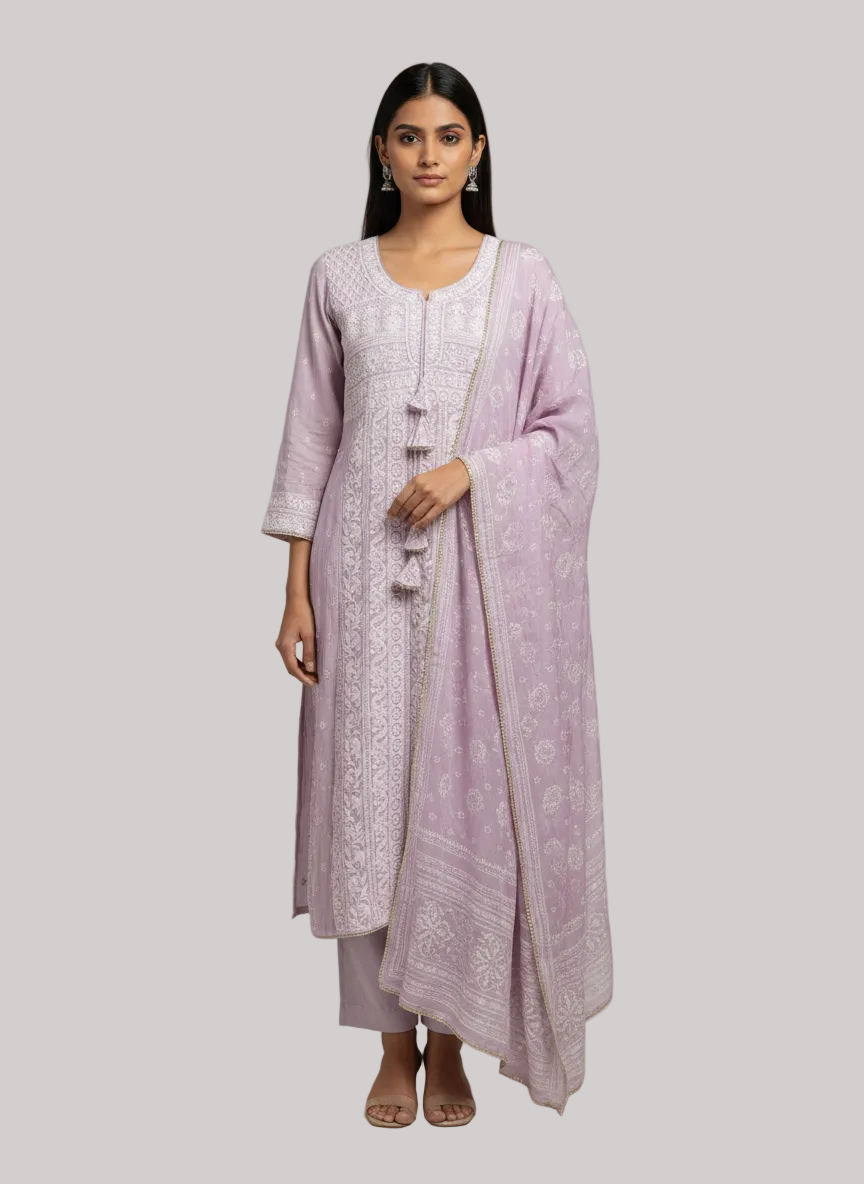 Lavender Embroidered Kurta Set with Dupatta