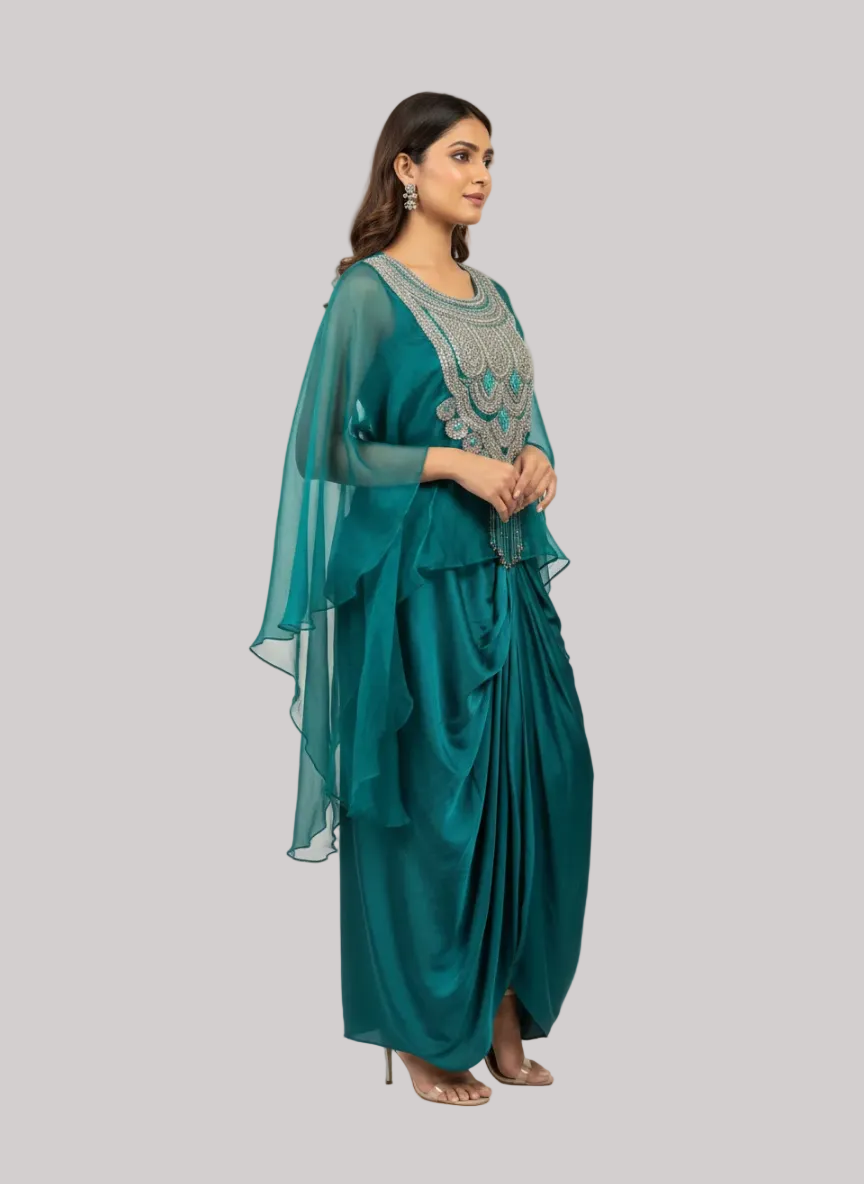 Emerald Embellished Dhoti-Chiffon Ensemble