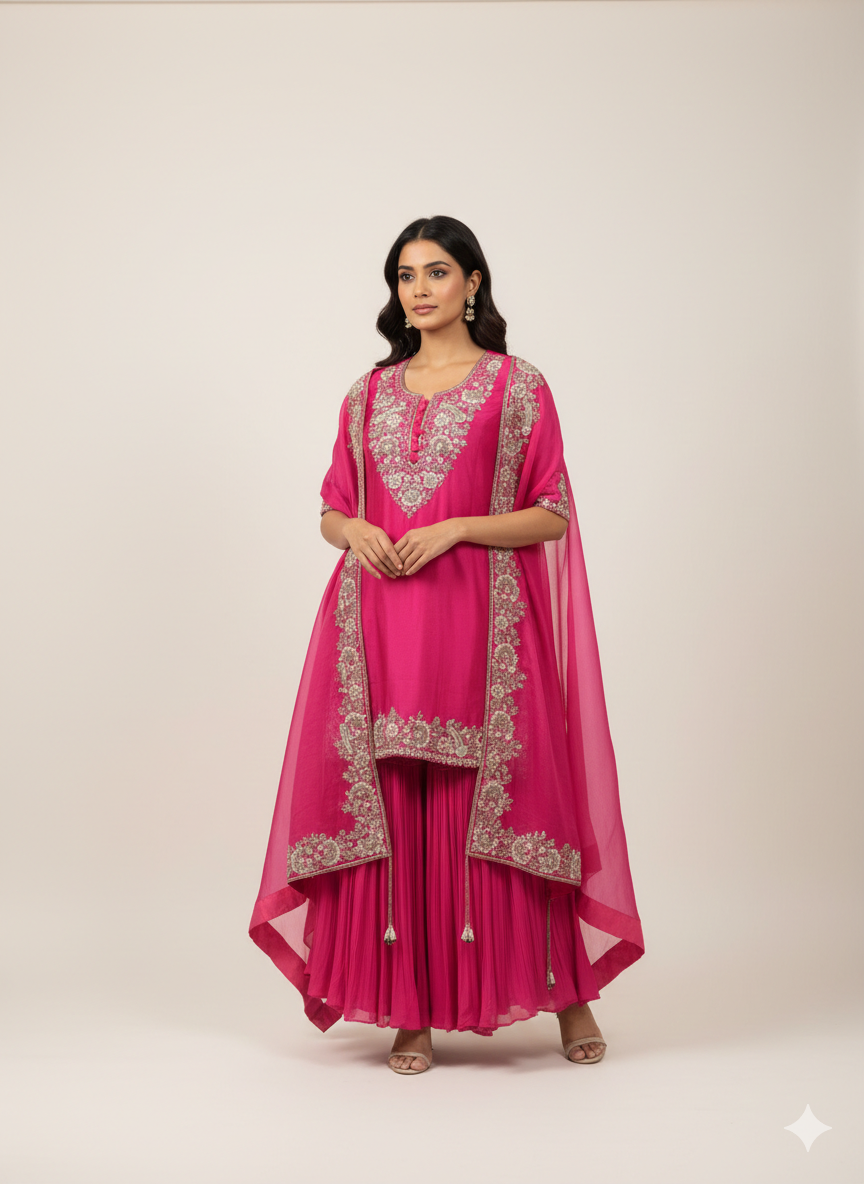 Fuchsia Embroidered Sharara Set
