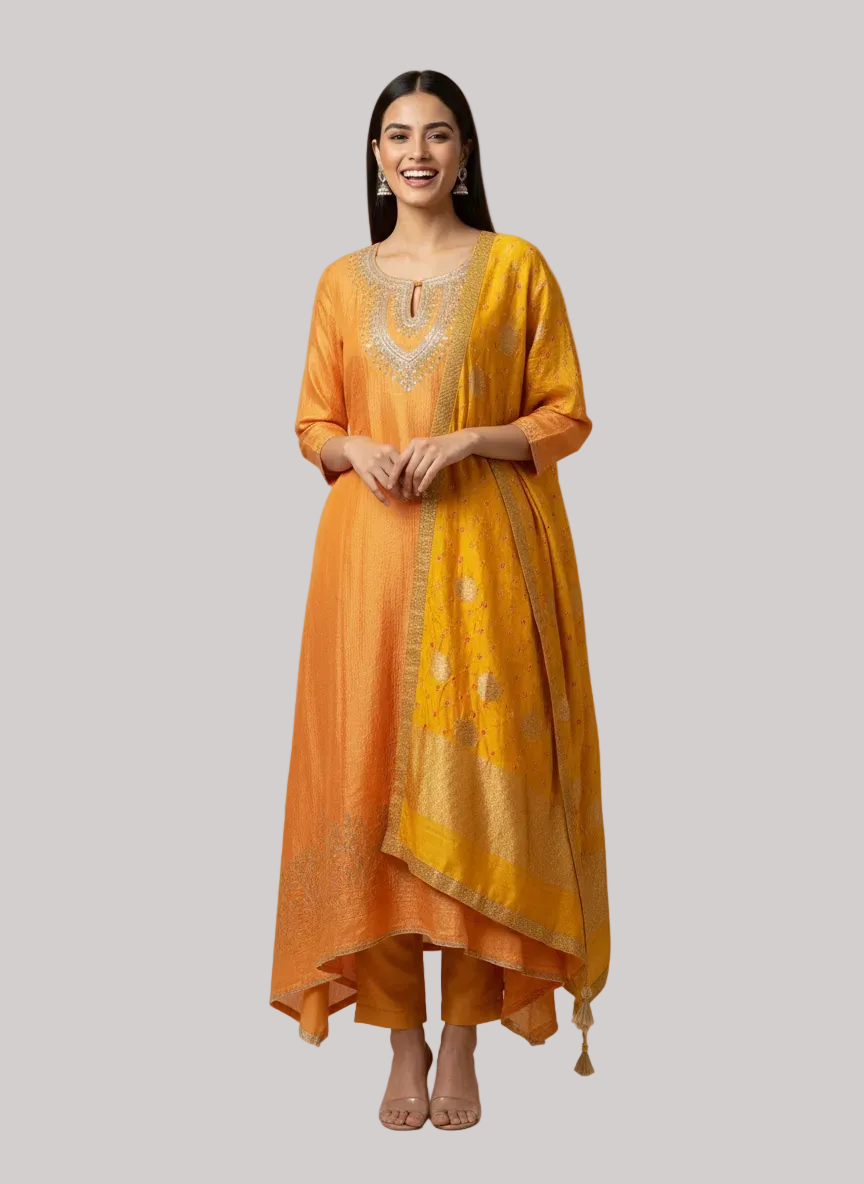 Mustard Orange Kurta Set with Woven Dupatta