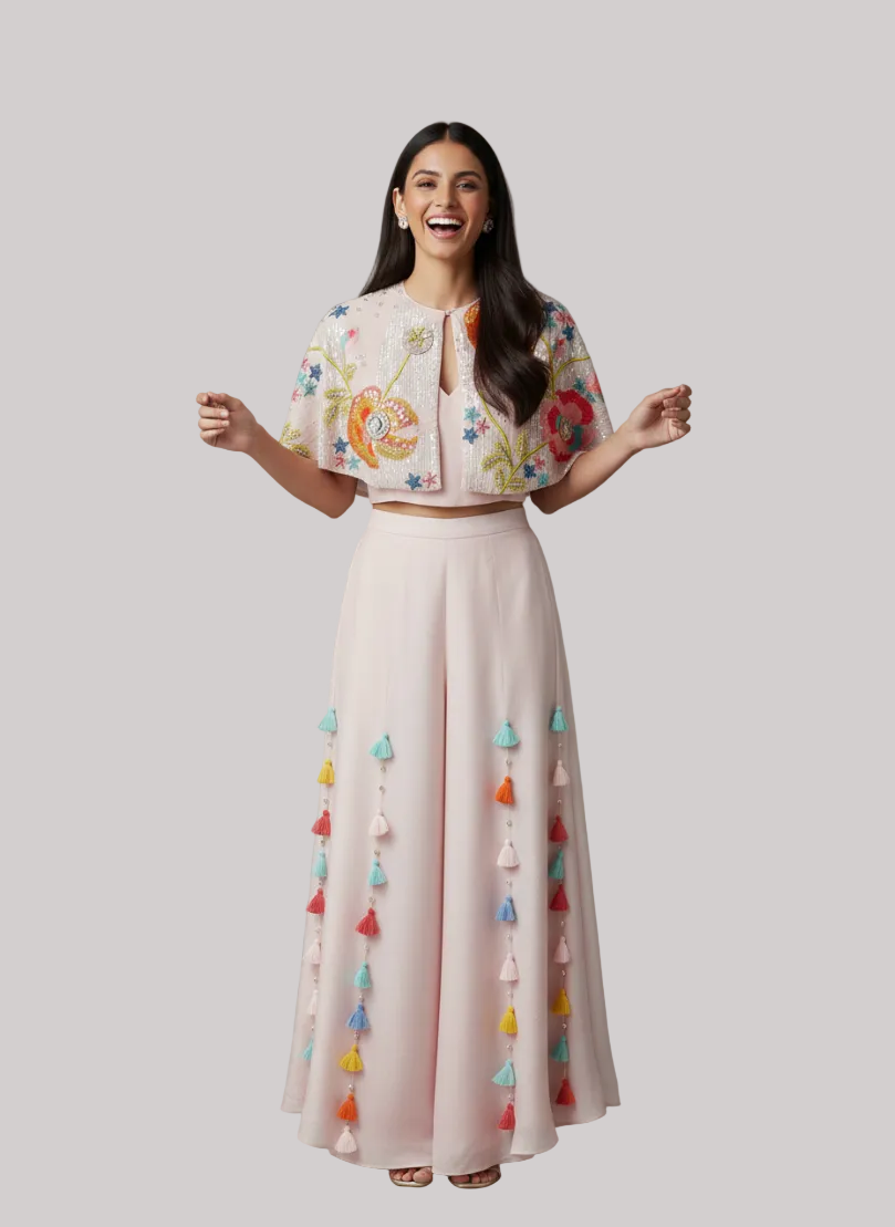 Blush Pink Crop Top, Skirt &amp; Embroidered Cape Set