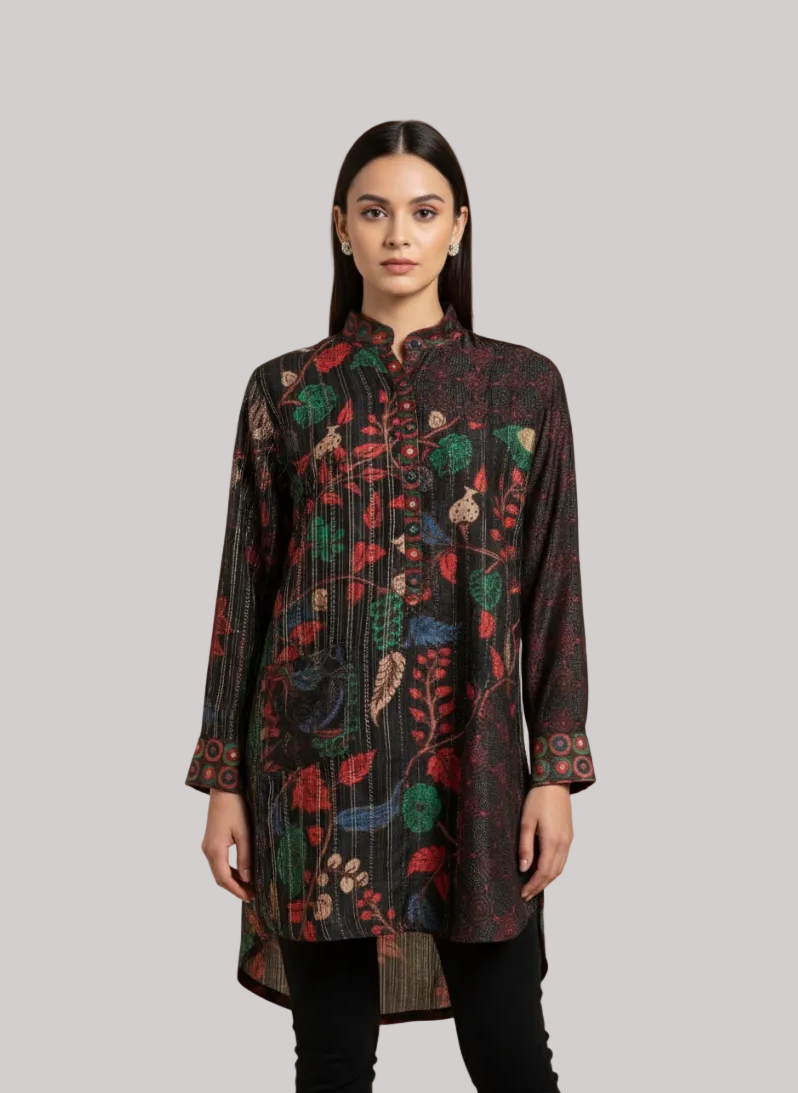 Black Floral Printed High-Low Tunic