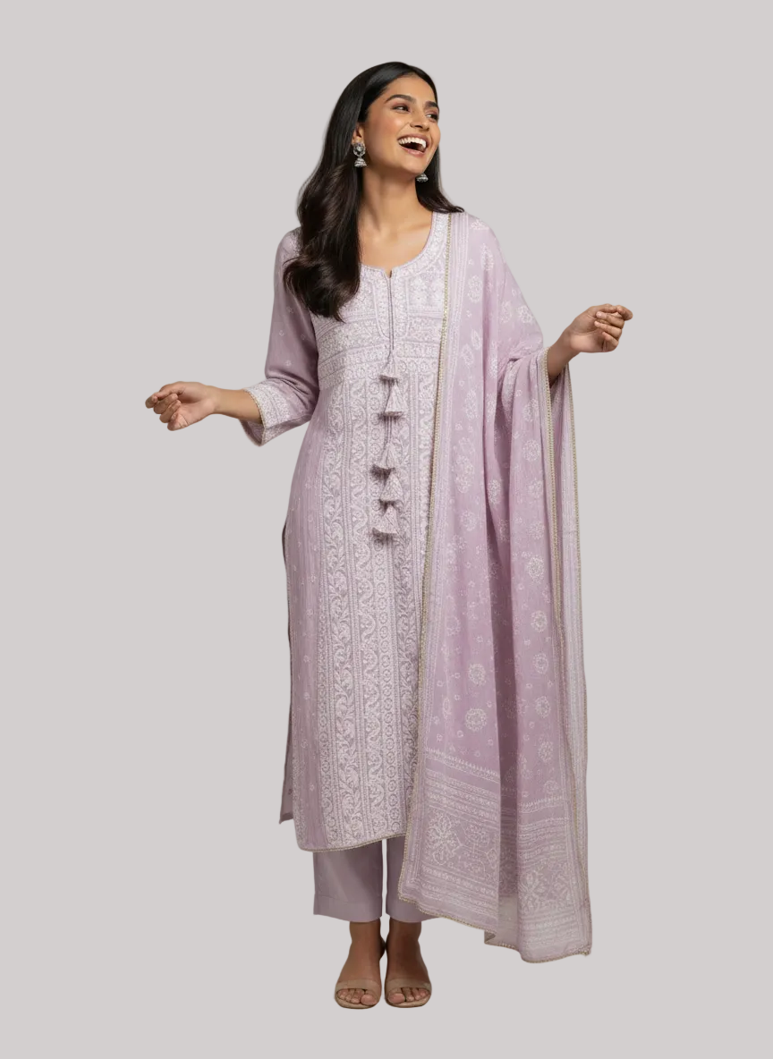 Lavender Embroidered Kurta Set with Dupatta