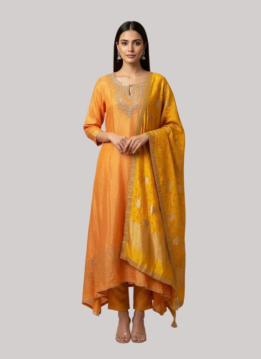 Mustard Orange Kurta Set with Woven Dupatta