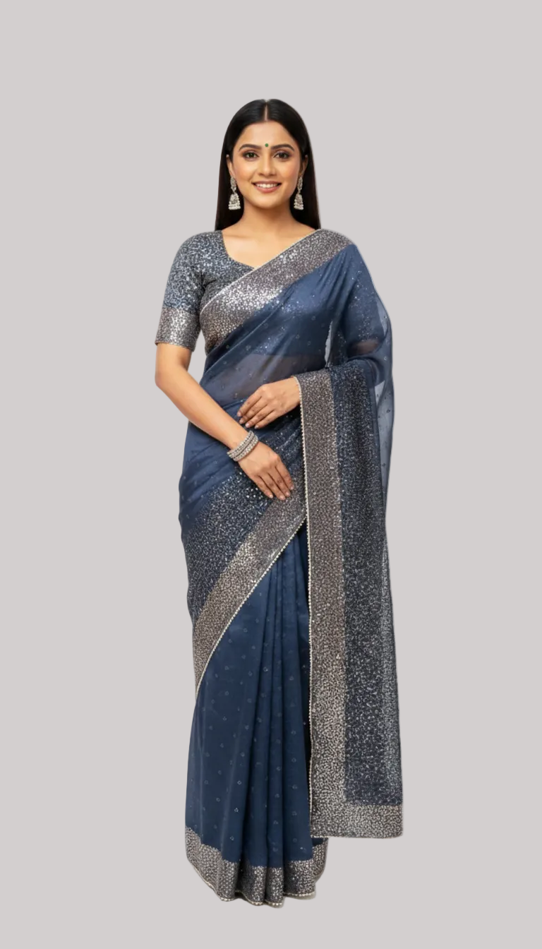 Midnight Blue Silk Saree with Shimmering Woven Details