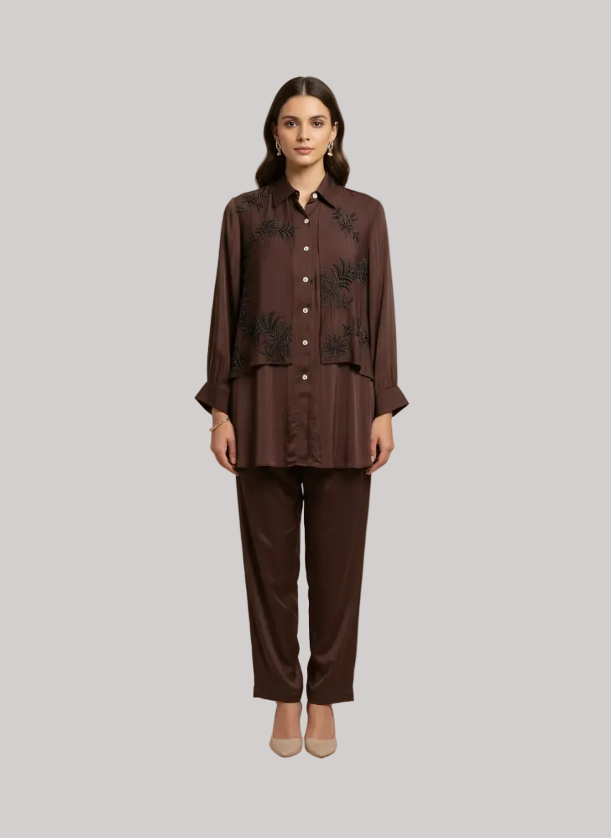 Chocolate Embroidered Layered Co-ord Set