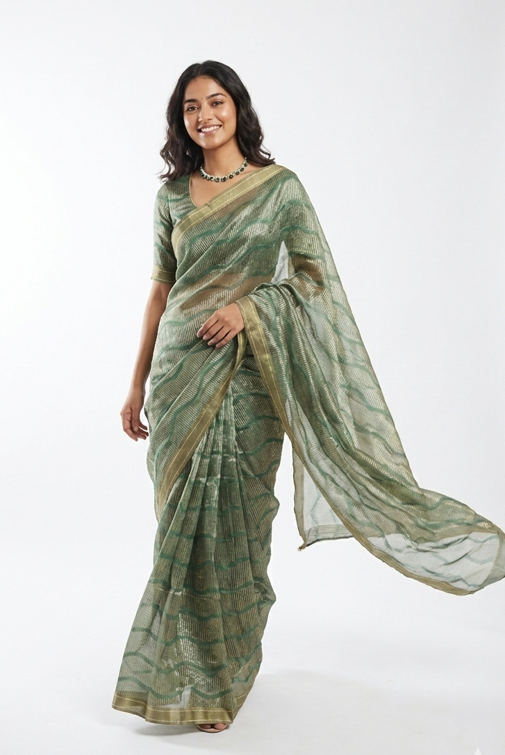 Elegant Soft Silk Saree in Olive Green and Gold