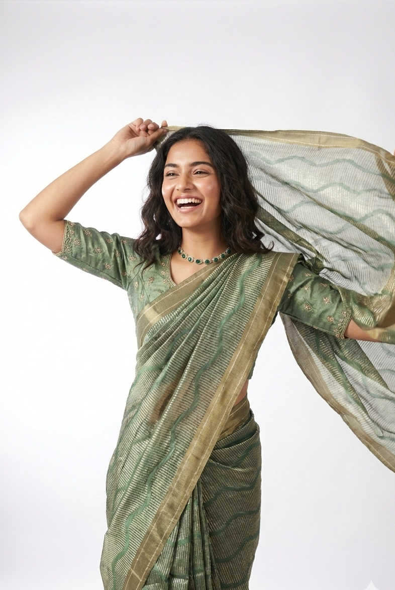 Elegant Soft Silk Saree in Olive Green and Gold