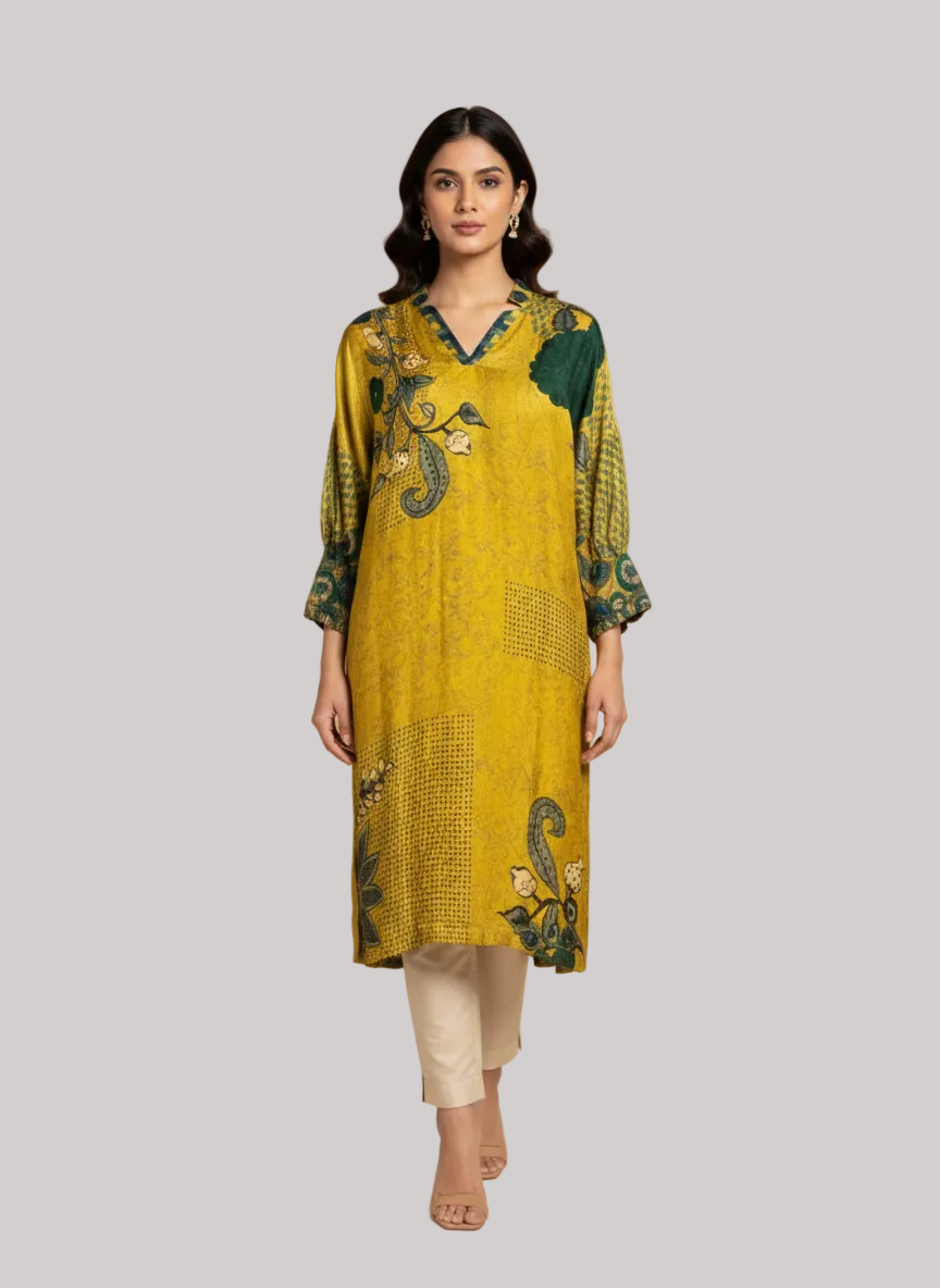 Mustard Printed Straight Kurta