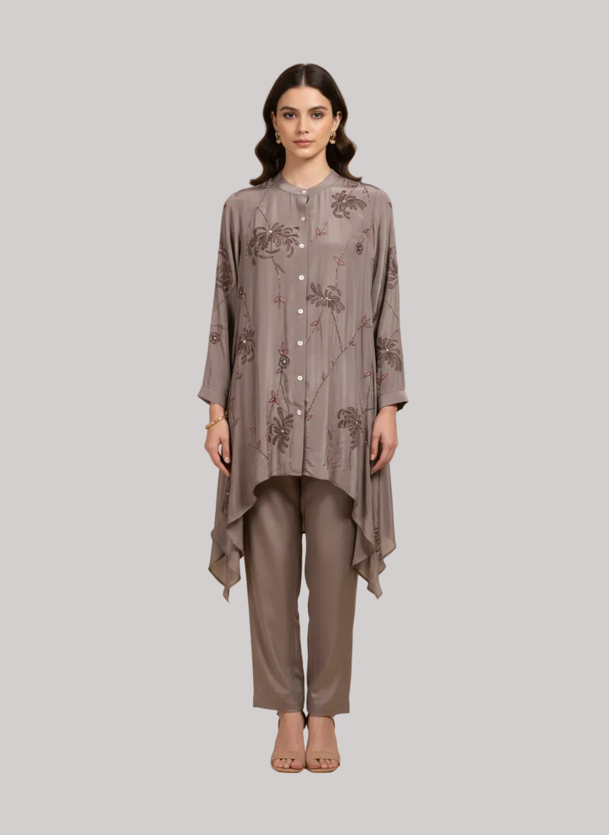 Maupe Floral Asymmetrical Co-ord Set