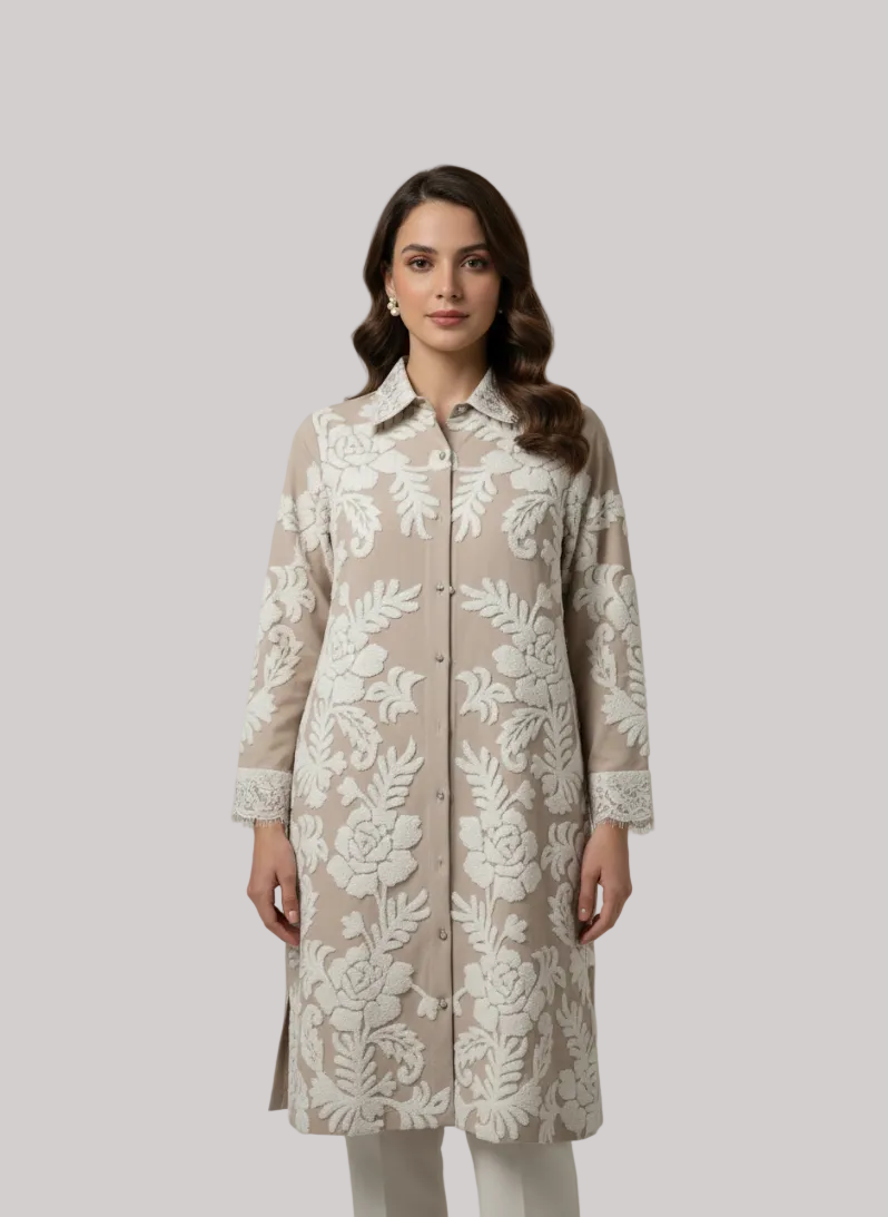 Beige Floral Embroidered Shirt Dress