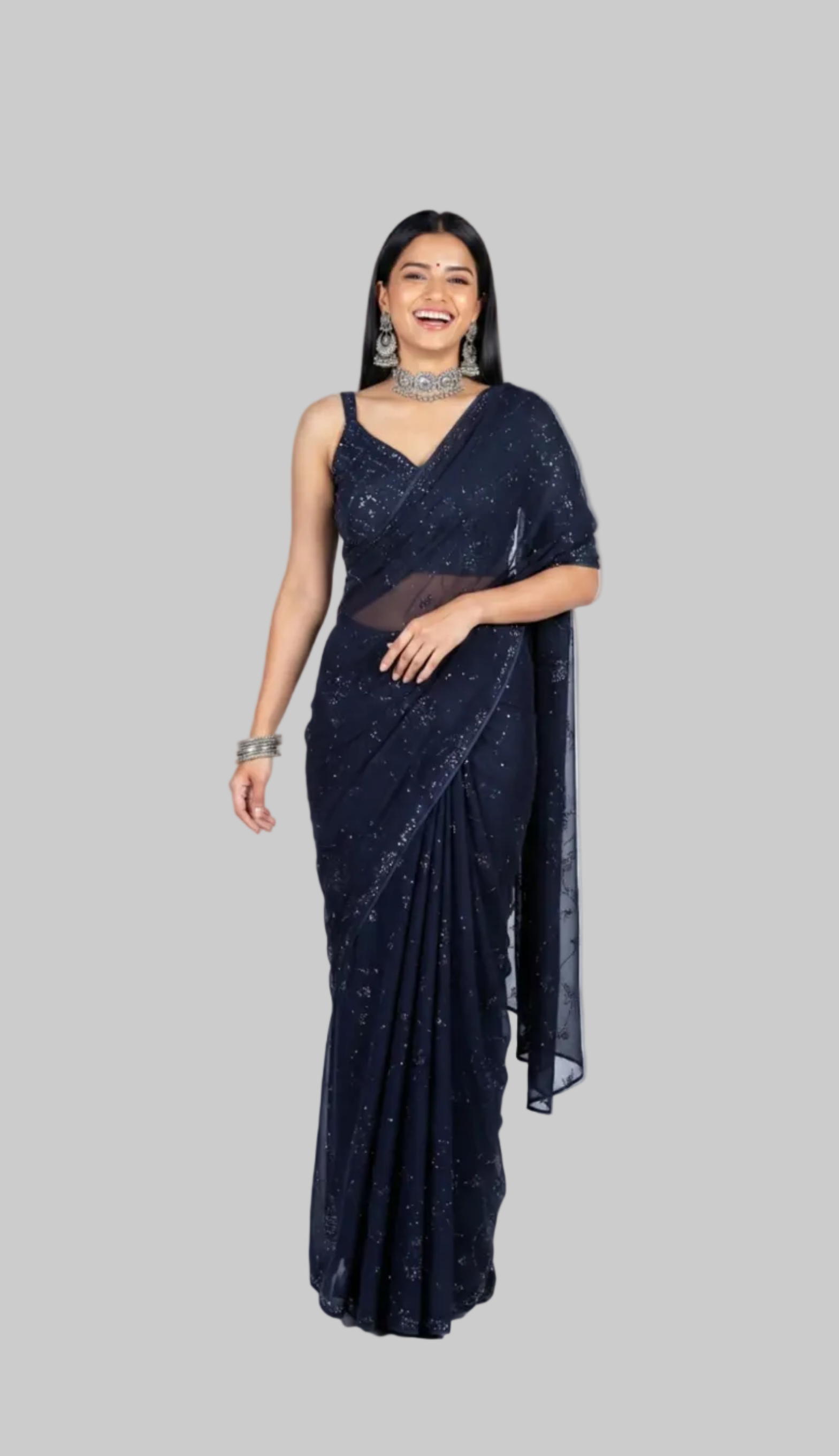 Navy Blue Swarovski Georgette Saree