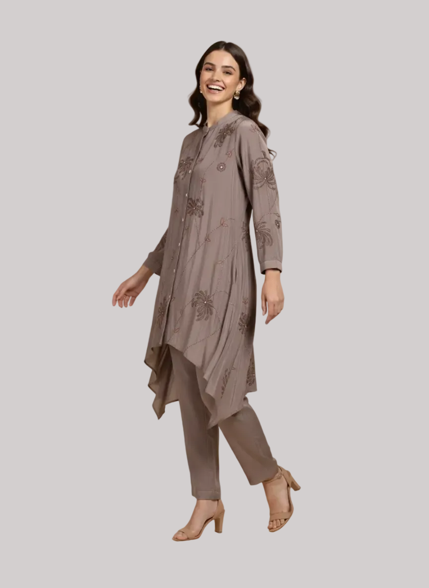Maupe Floral Asymmetrical Co-ord Set