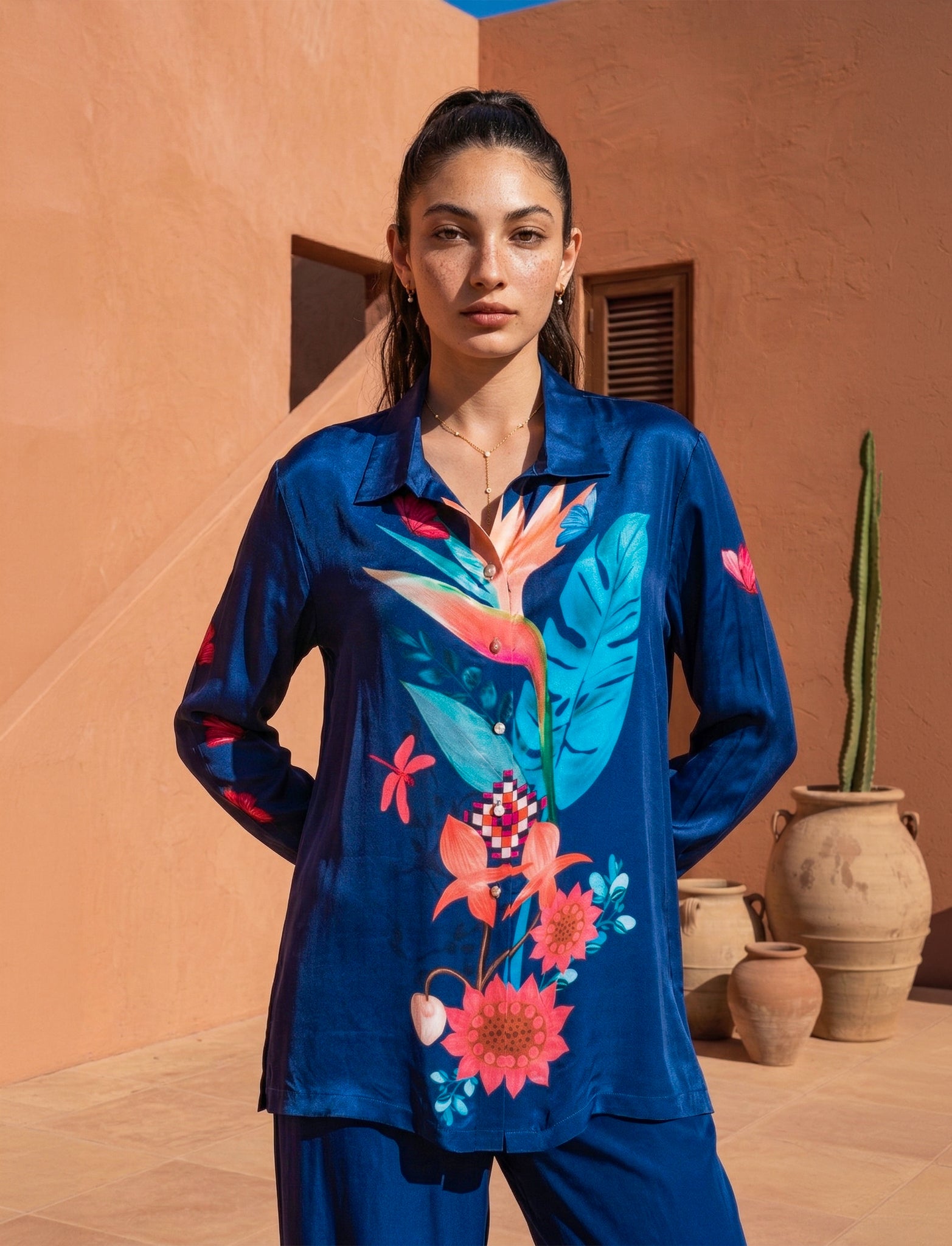 Navy Blue Printed Satin Co-ord Set