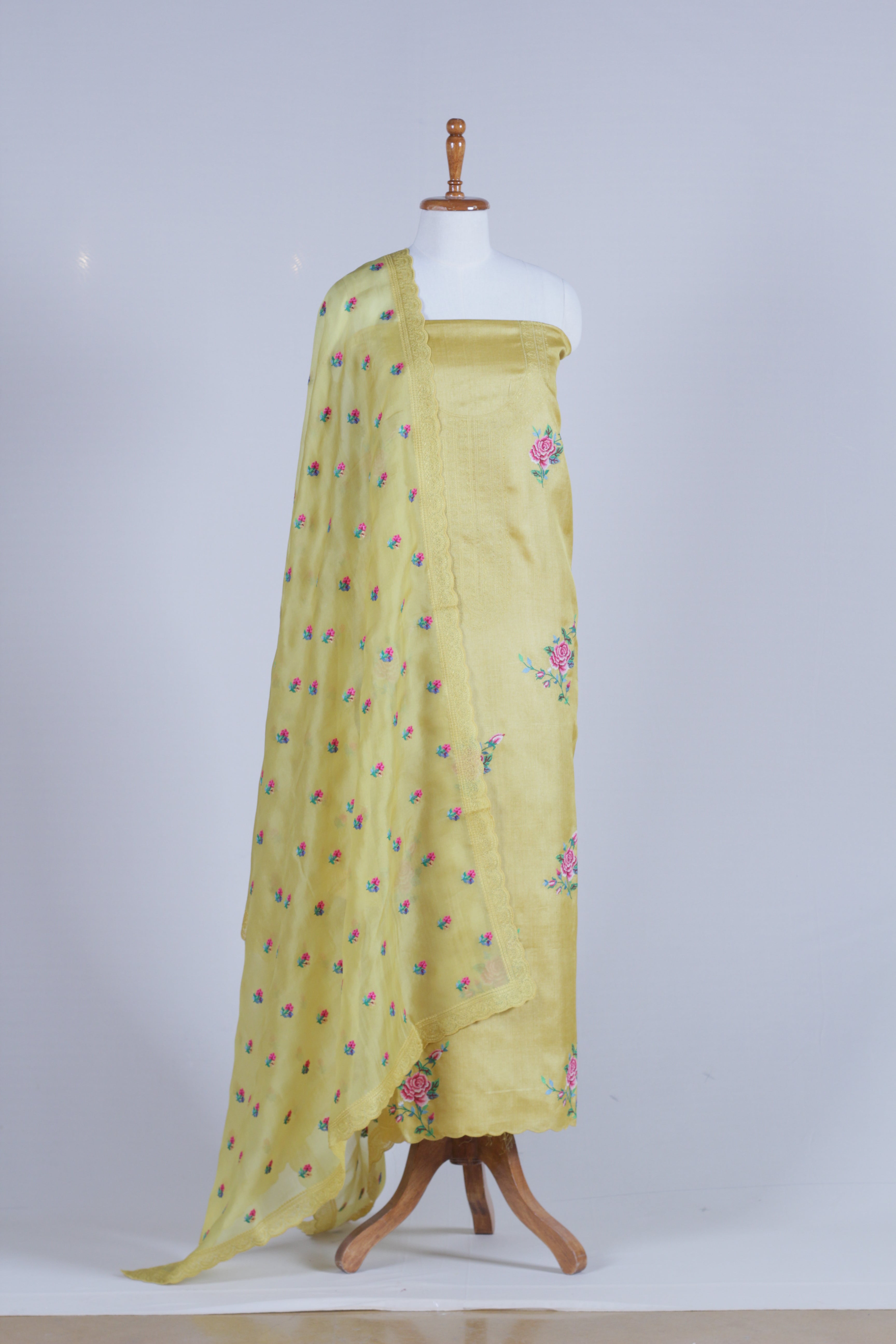 Yellow Tussar silk cross stitch work suit