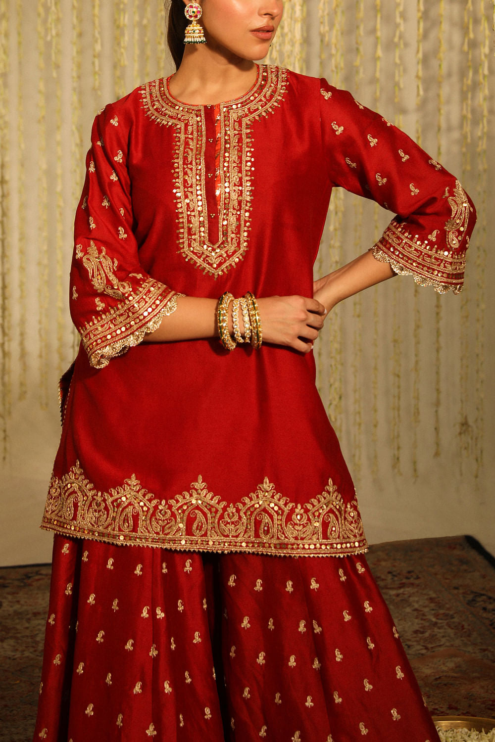 Deep Red Paisley Embroidery Sharara Set