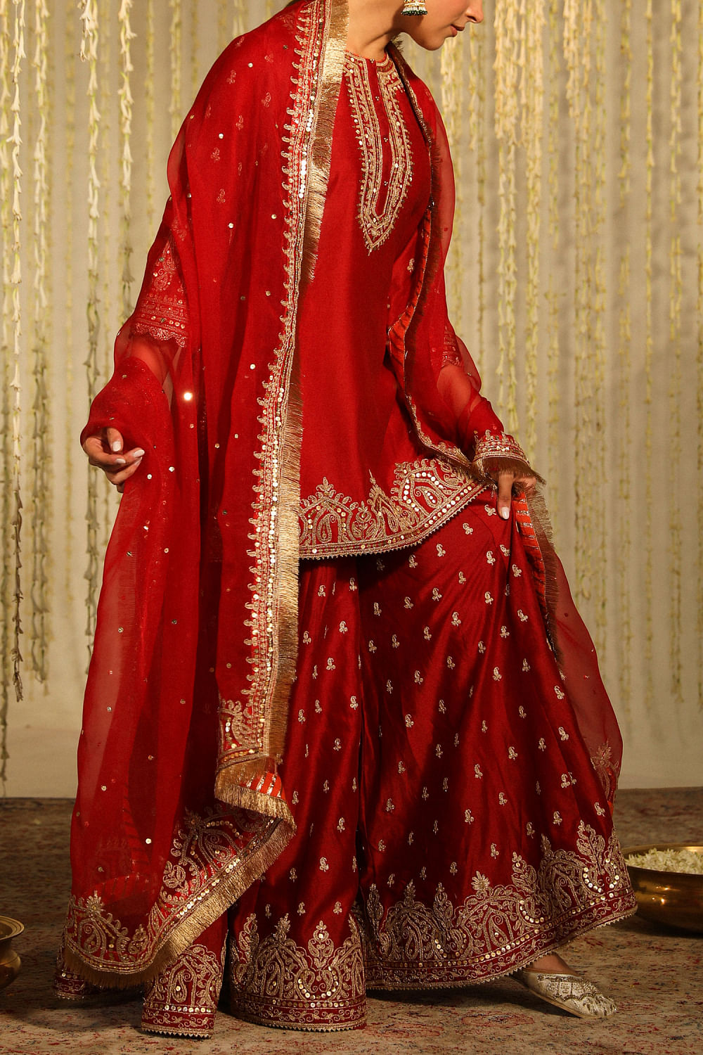 Deep Red Paisley Embroidery Sharara Set