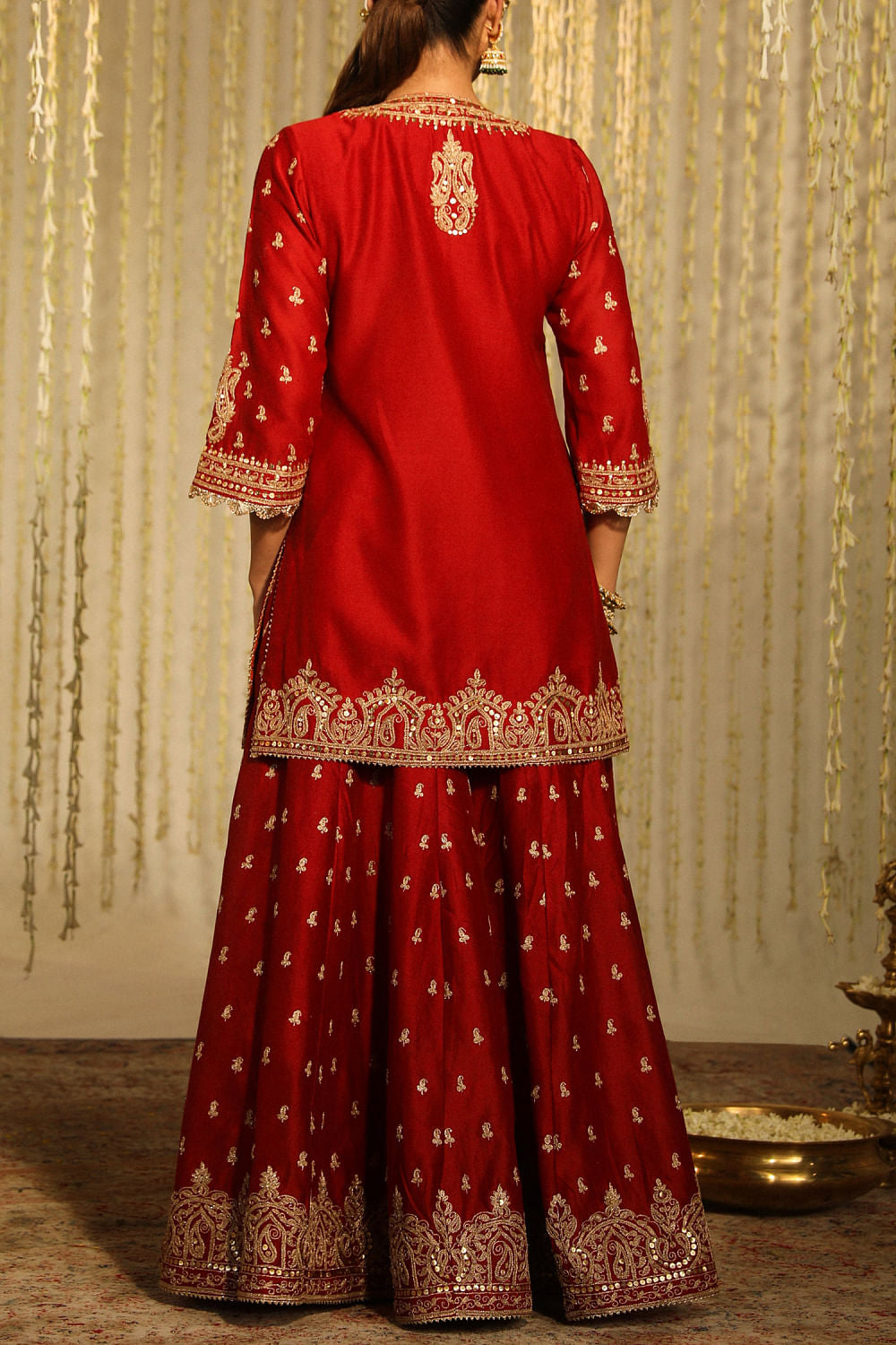 Deep Red Paisley Embroidery Sharara Set