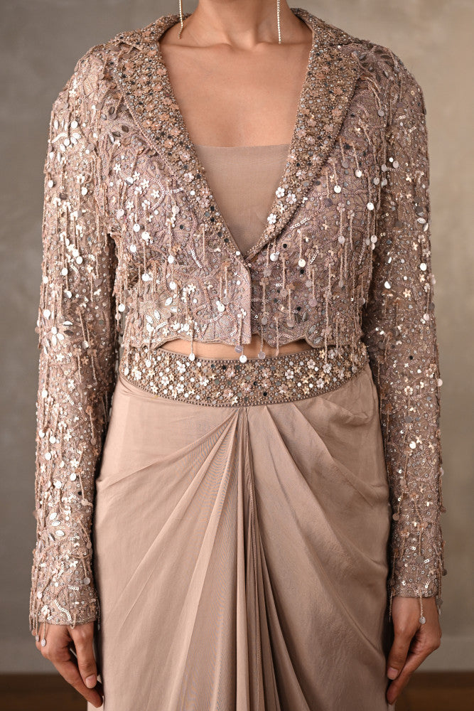 Champagne Mirror Work Cropped Jacket Set