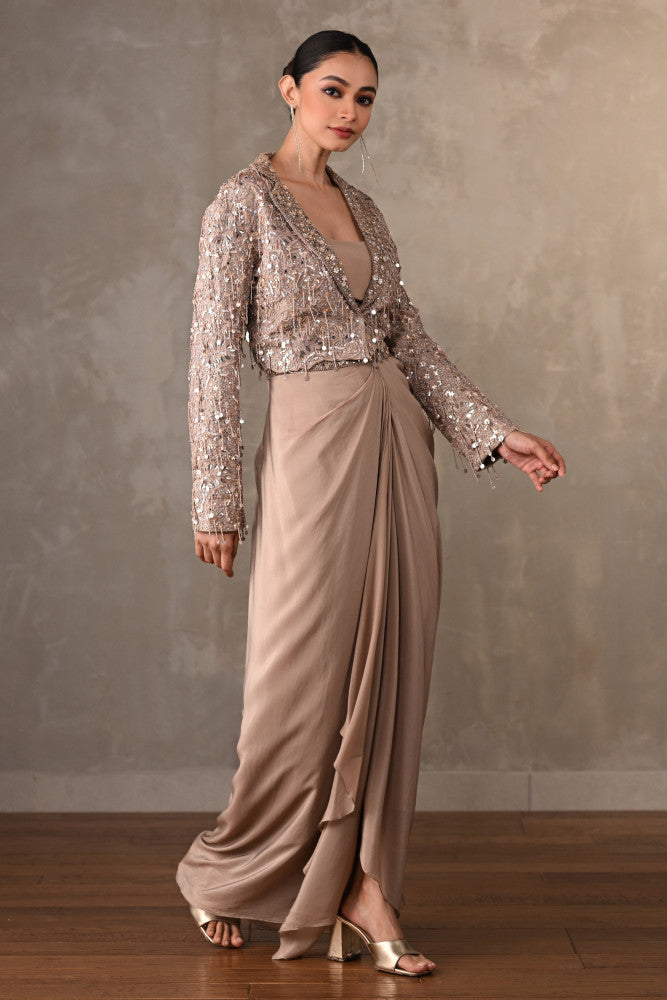 Champagne Mirror Work Cropped Jacket Set