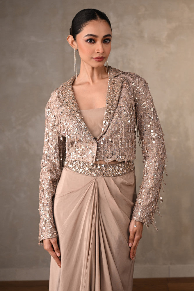 Champagne Mirror Work Cropped Jacket Set