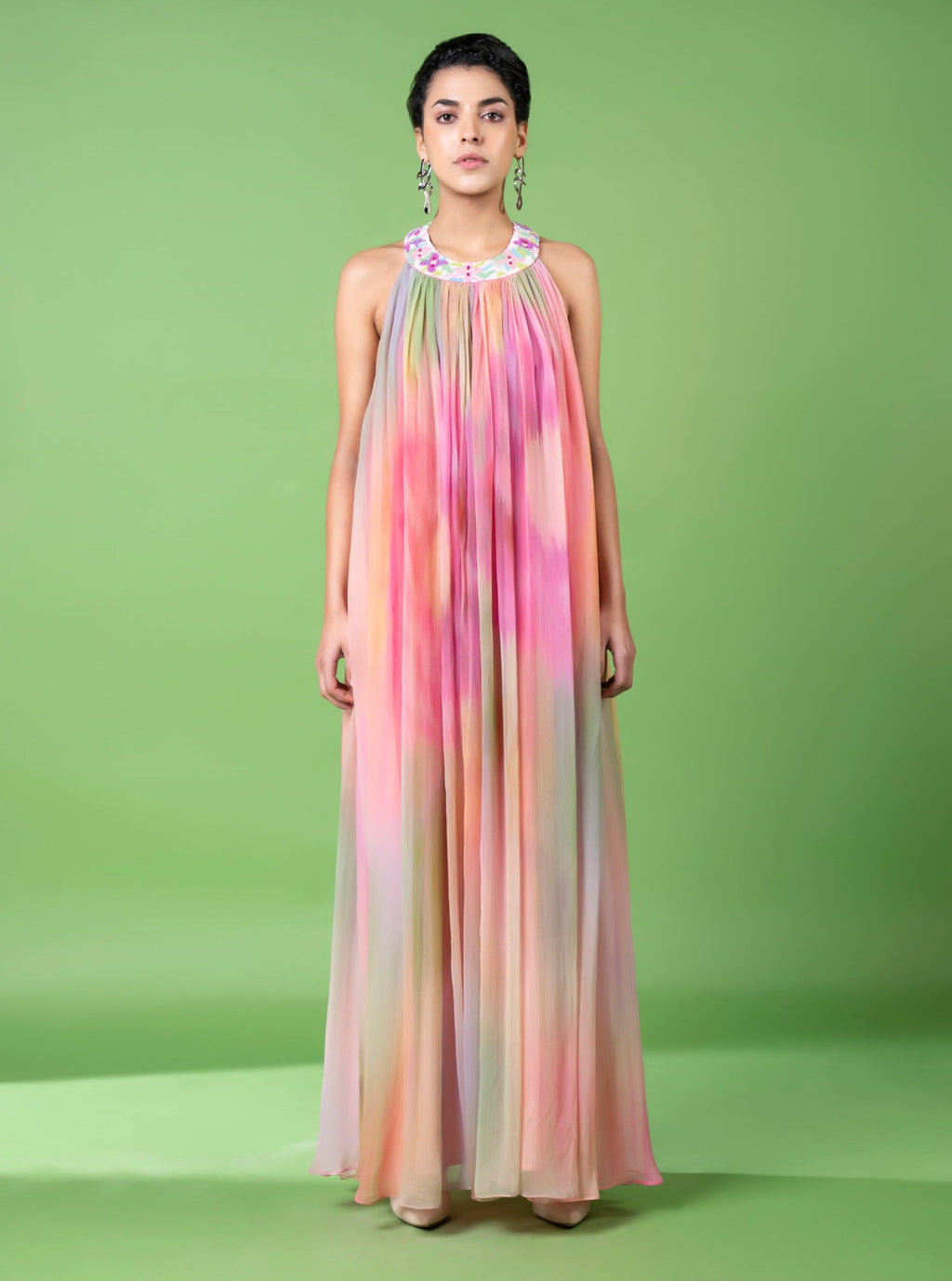 Pink Chiffon Printed Abstract Round Bead Embellished Flowy Dress